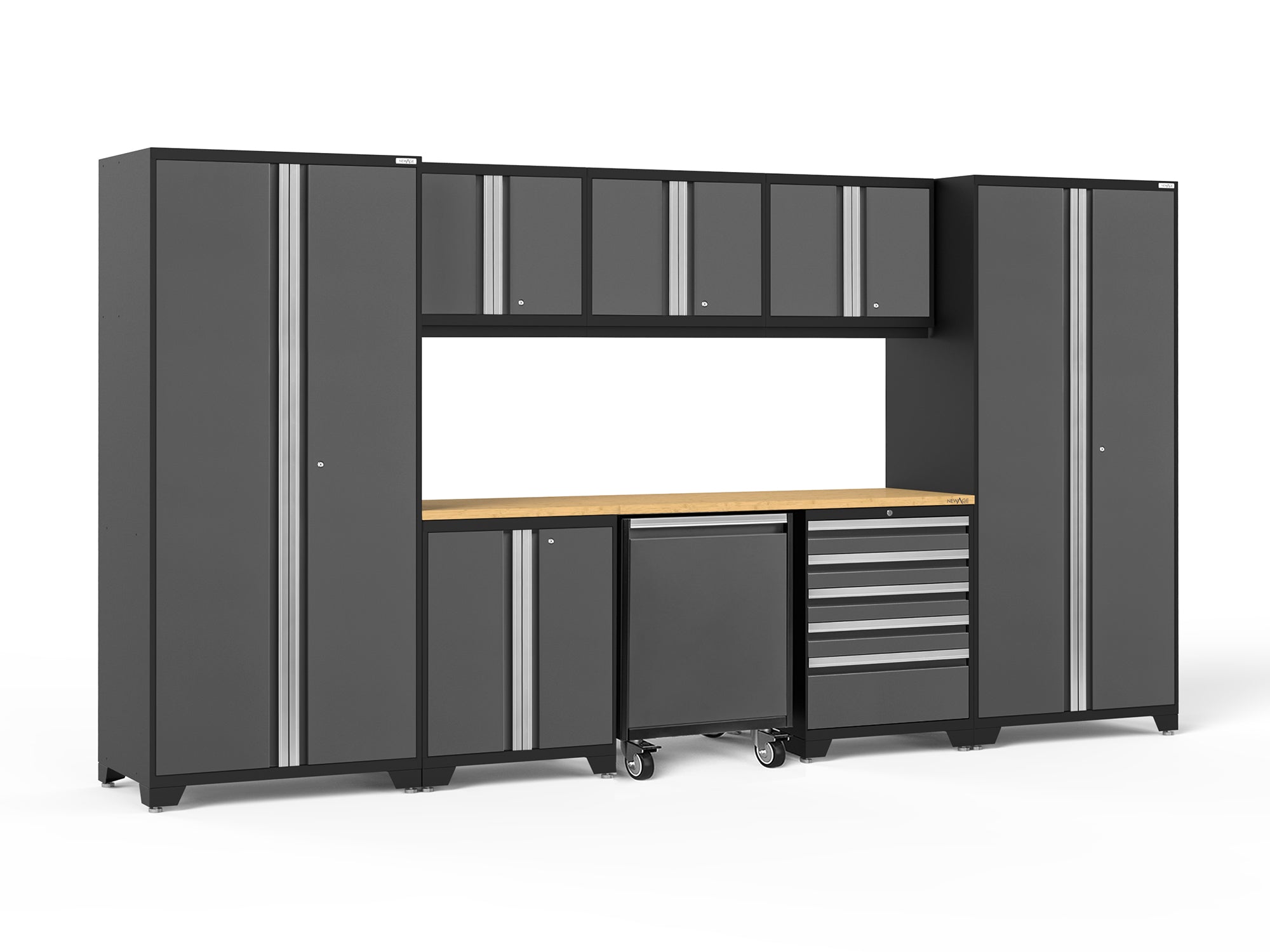Pro Series 9 Piece Cabinet Set with Wall, Base, Tool Drawer Cabinet, Lockers, Utility Cart and 84 in. Worktop