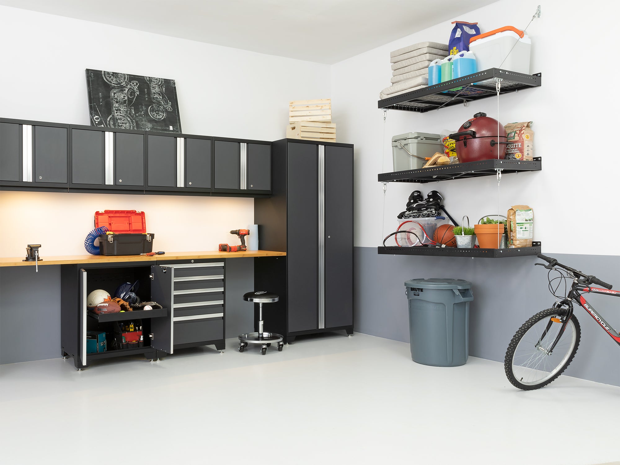 Pro Series 9 Piece Cabinet Set with Wall, Base, Tool Drawer Cabinet, Lockers, Utility Cart and 84 in. Worktop