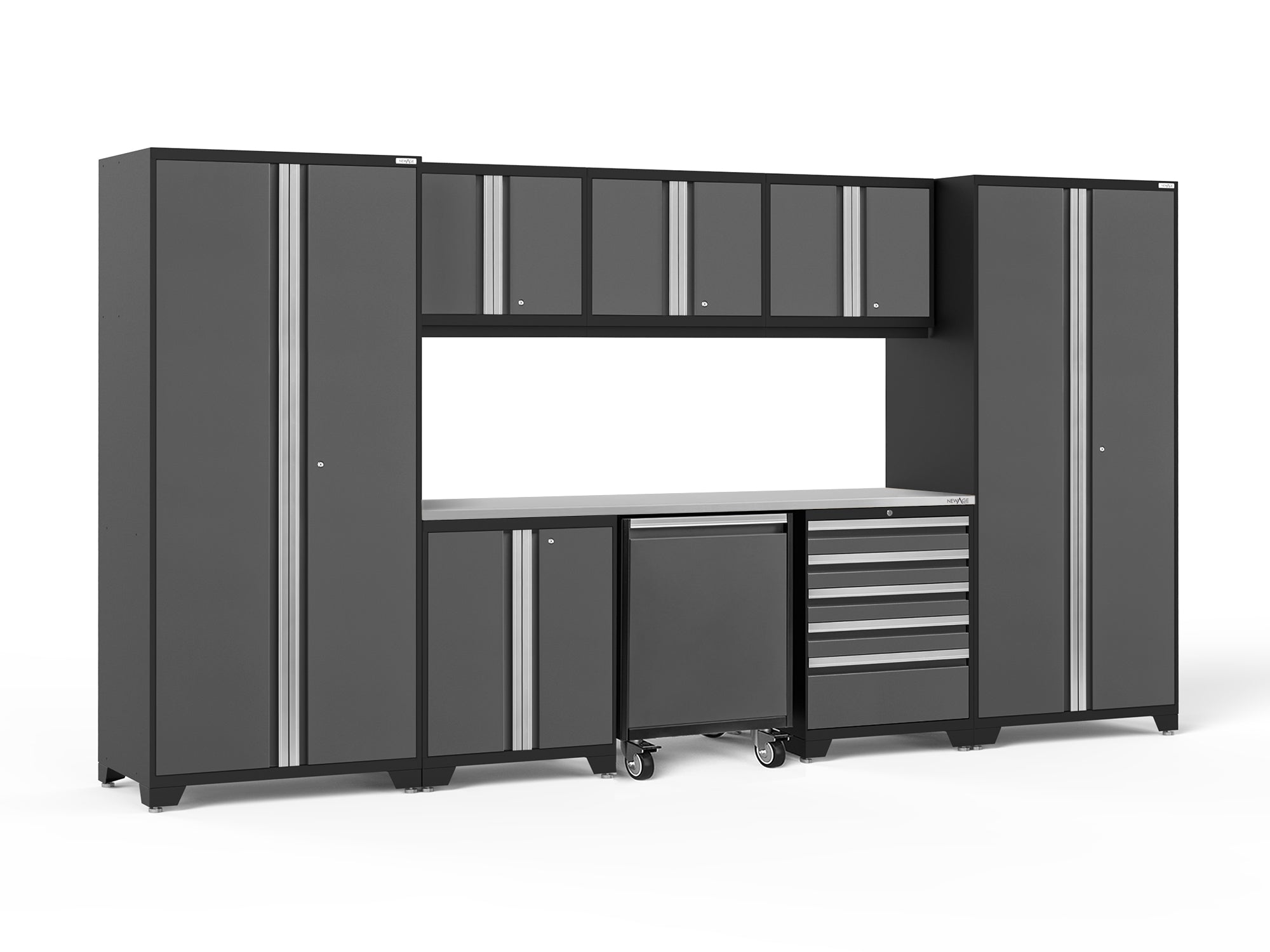 Pro Series 9 Piece Cabinet Set with Wall, Base, Tool Drawer Cabinet, Lockers, Utility Cart and 84 in. Worktop