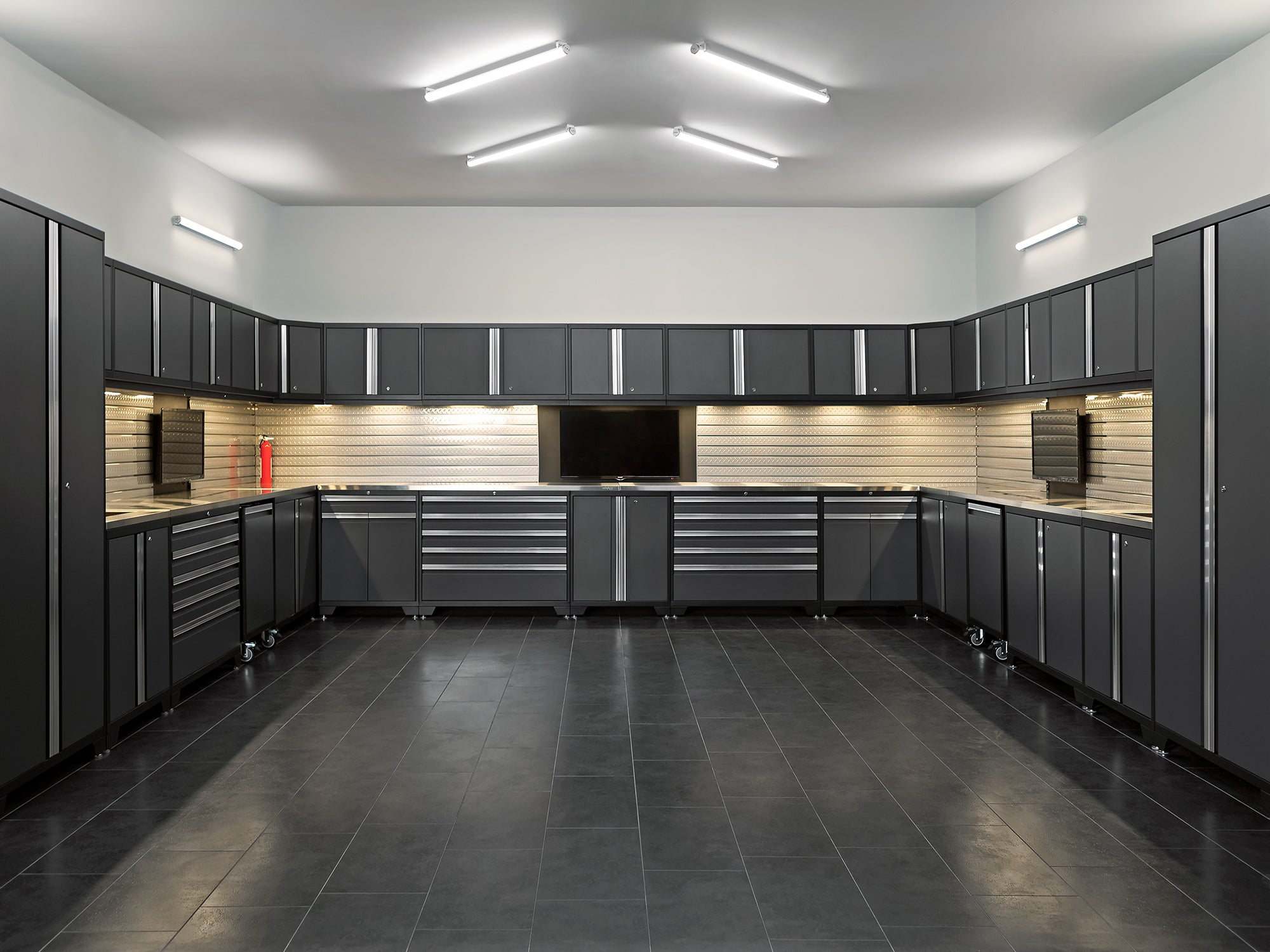 Pro Series 9 Piece Cabinet Set with Wall, Base, Tool Drawer Cabinet, Lockers, Utility Cart and 84 in. Worktop