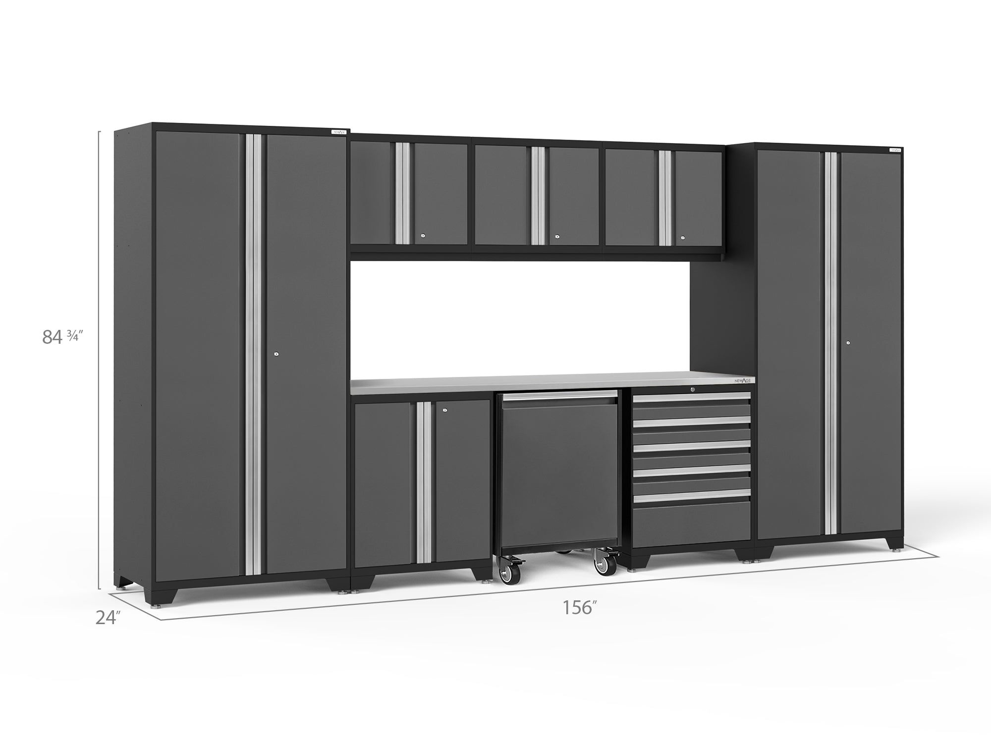 Pro Series 9 Piece Cabinet Set with Wall, Base, Tool Drawer Cabinet, Lockers, Utility Cart and 84 in. Worktop