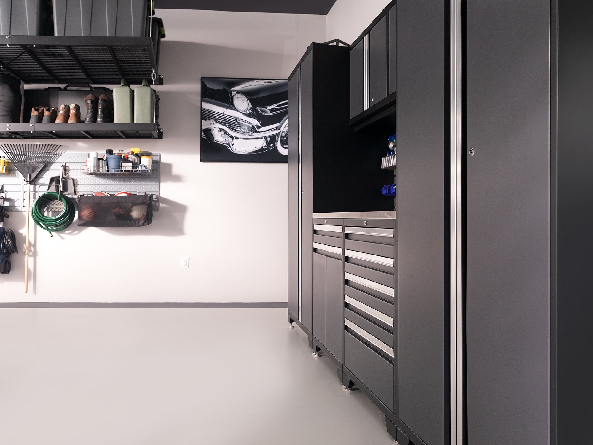 Pro Series 9 Piece Cabinet Set with Wall, Base, Tool Drawer Cabinet, Lockers, Utility Cart and 84 in. Worktop