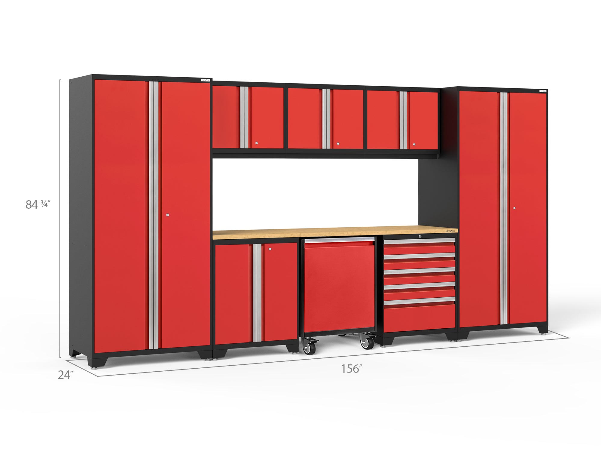 Pro Series 9 Piece Cabinet Set with Wall, Base, Tool Drawer Cabinet, Lockers, Utility Cart and 84 in. Worktop