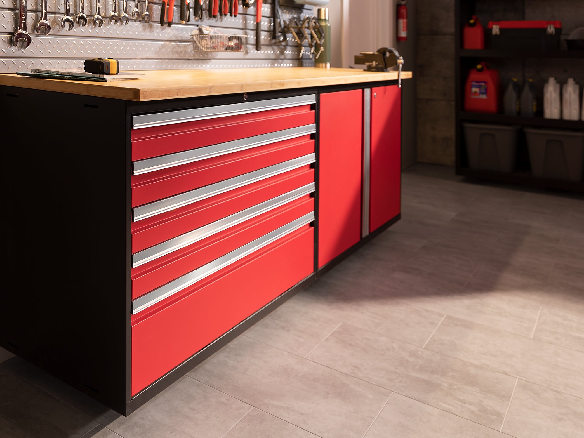 Pro Series 9 Piece Cabinet Set with Wall, Base, Tool Drawer Cabinet, Lockers, Utility Cart and 84 in. Worktop