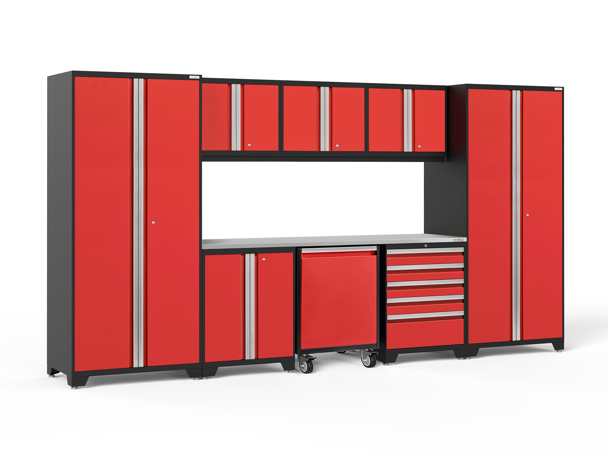 Pro Series 9 Piece Cabinet Set with Wall, Base, Tool Drawer Cabinet, Lockers, Utility Cart and 84 in. Worktop