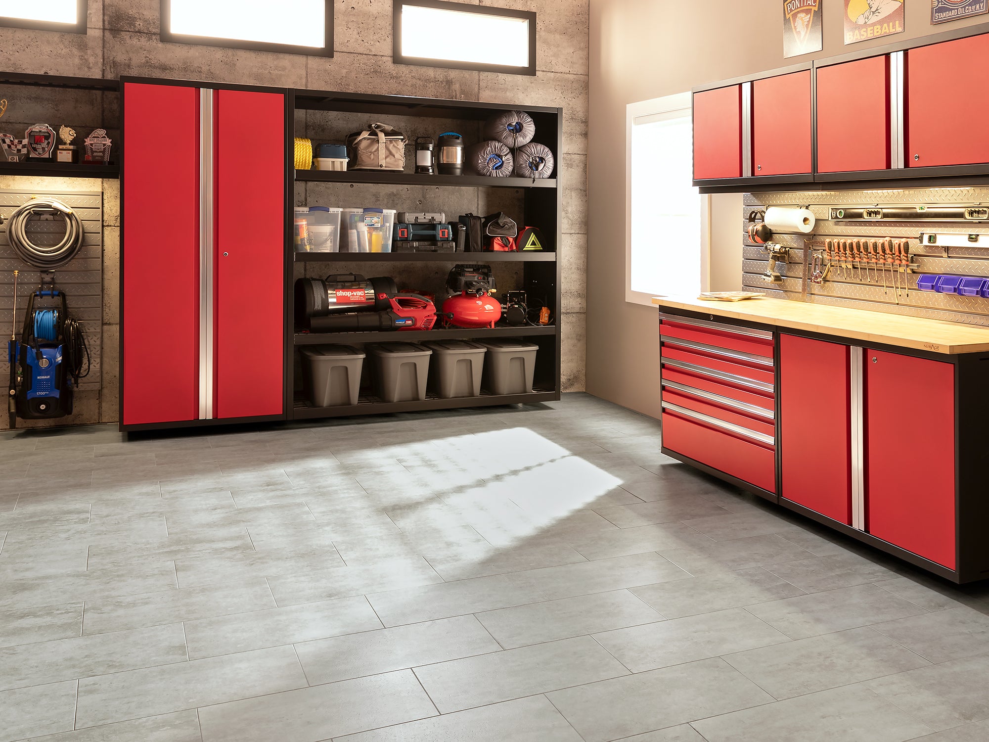 Pro Series 9 Piece Cabinet Set with Wall, Base, Tool Drawer Cabinet, Lockers, Utility Cart and 84 in. Worktop