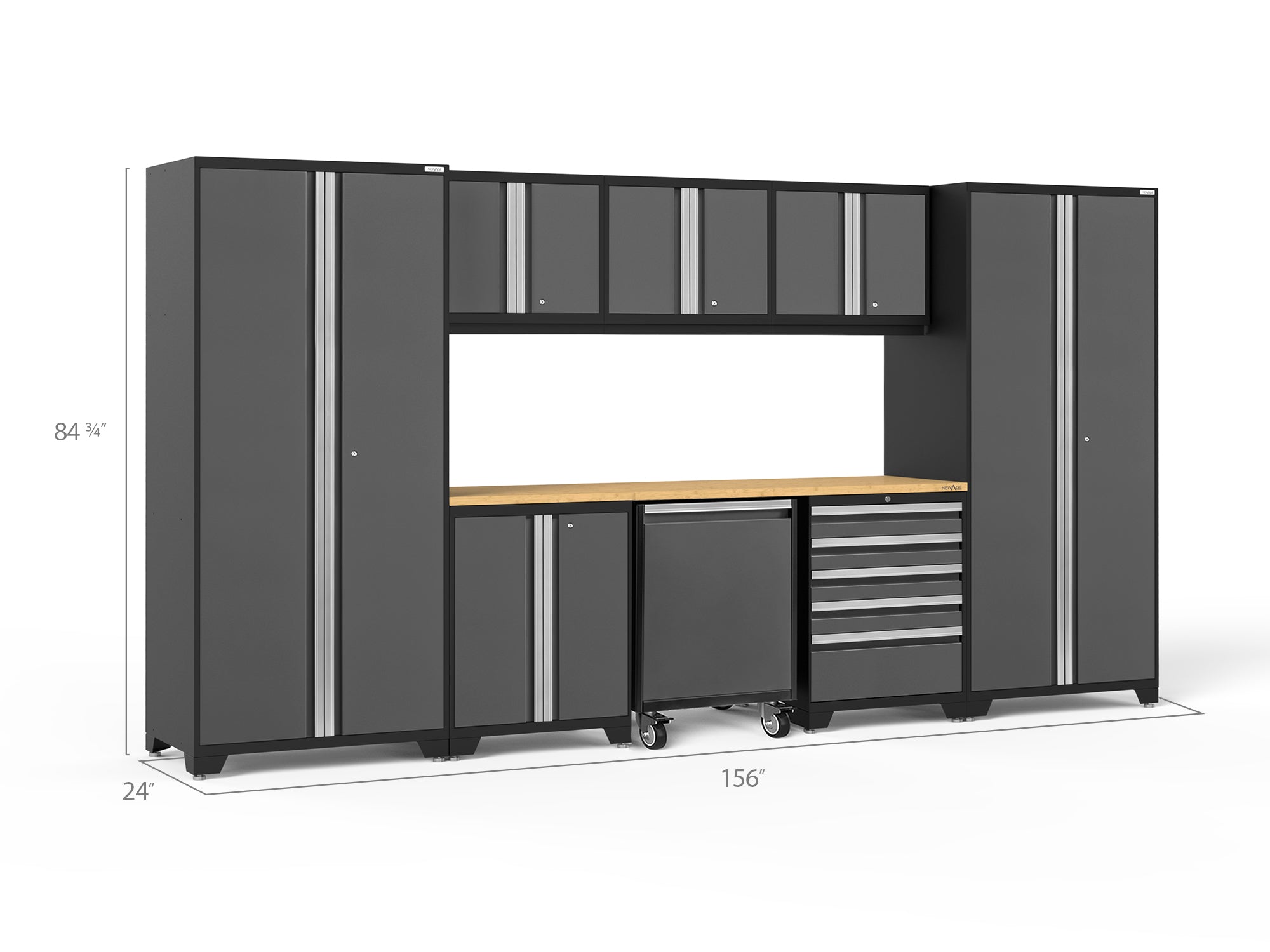 Pro Series 9 Piece Cabinet Set with Wall, Base, Tool Drawer Cabinet, Lockers, Utility Cart and 84 in. Worktop