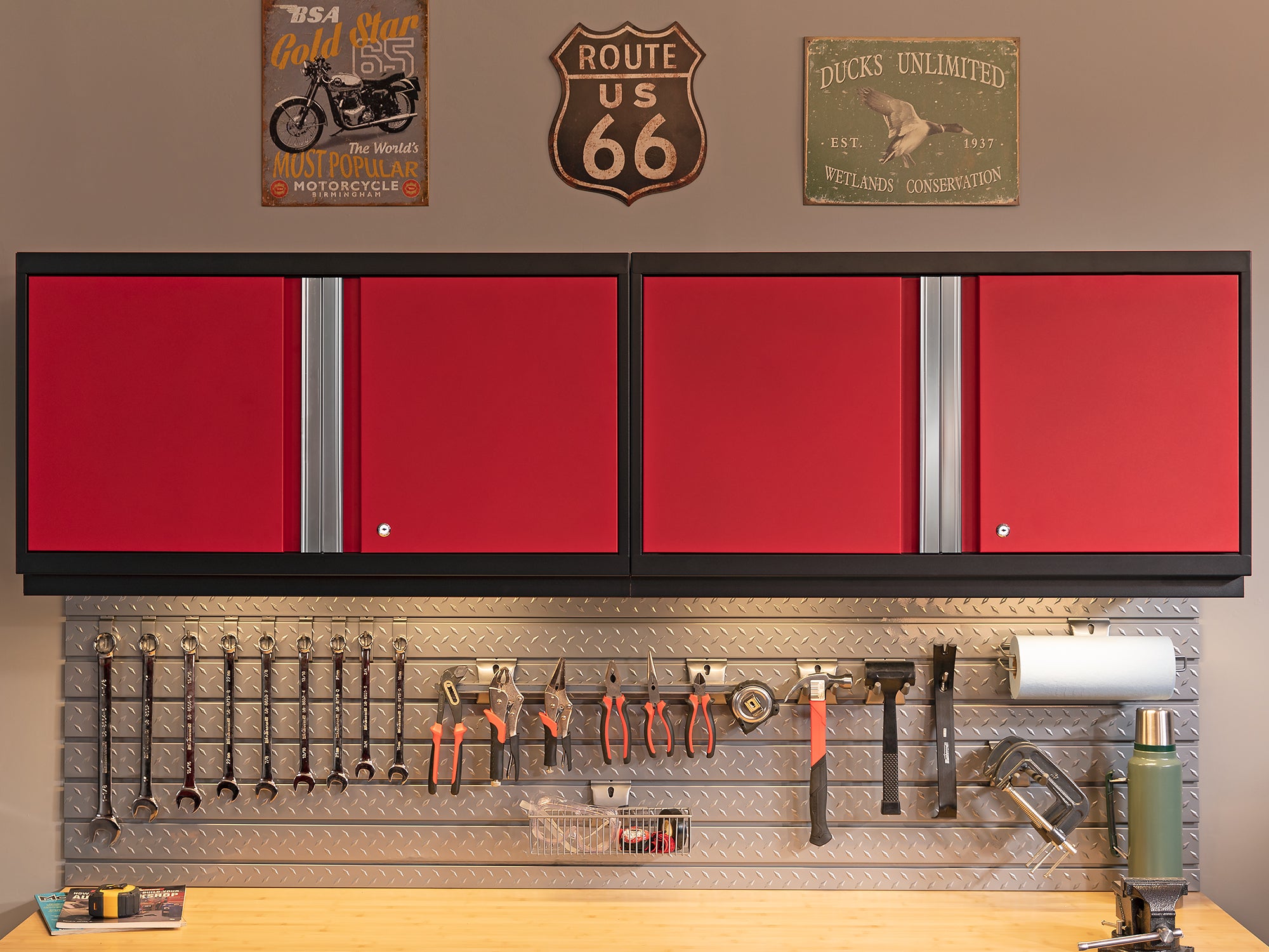 Pro Series 9 Piece Cabinet Set with Wall, Base, Tool Drawer Cabinet, Lockers, Utility Cart and 84 in. Worktop