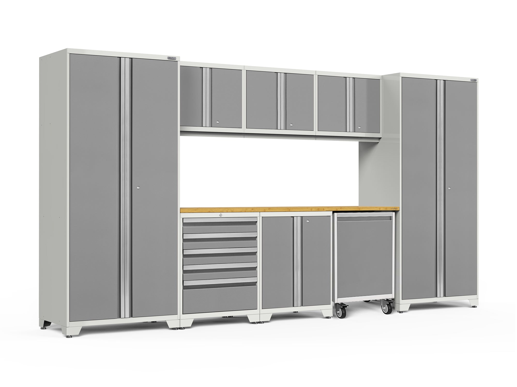Pro Series 9 Piece Cabinet Set with Wall, Base, Tool Drawer Cabinet, Lockers, Utility Cart and 84 in. Worktop