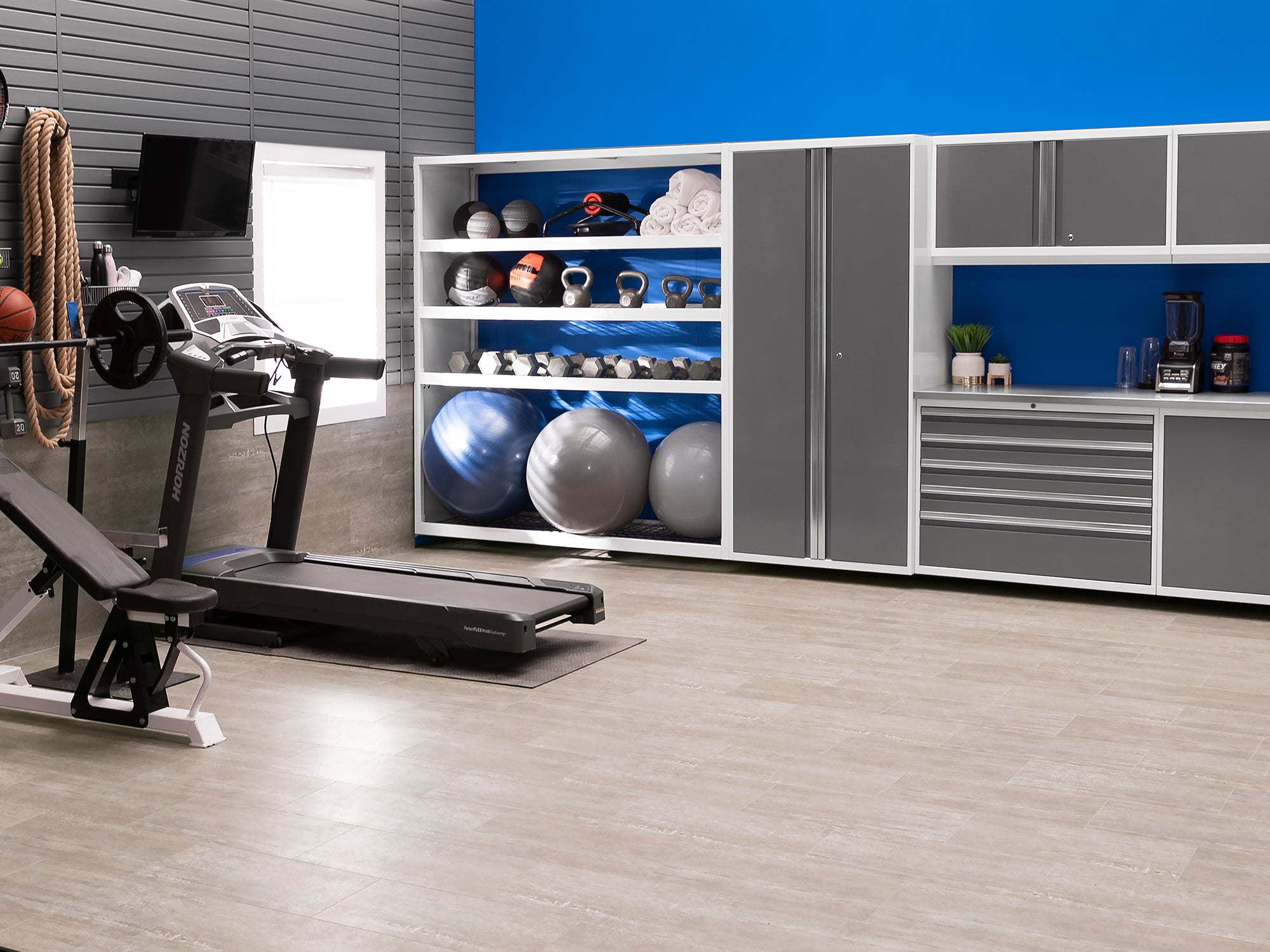 Pro Series 9 Piece Cabinet Set with Wall, Base, Tool Drawer Cabinet, Lockers, Utility Cart and 84 in. Worktop