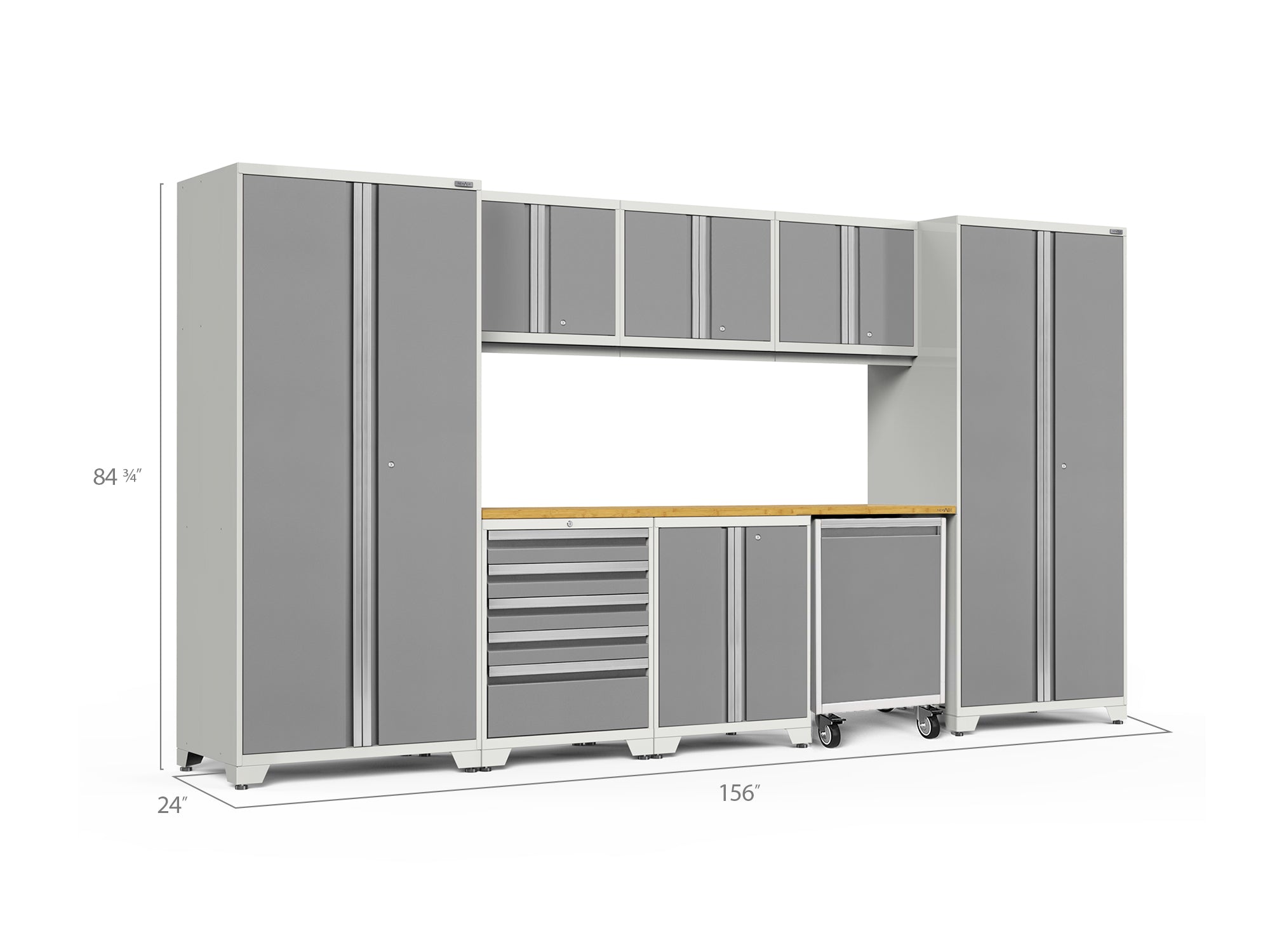 Pro Series 9 Piece Cabinet Set with Wall, Base, Tool Drawer Cabinet, Lockers, Utility Cart and 84 in. Worktop