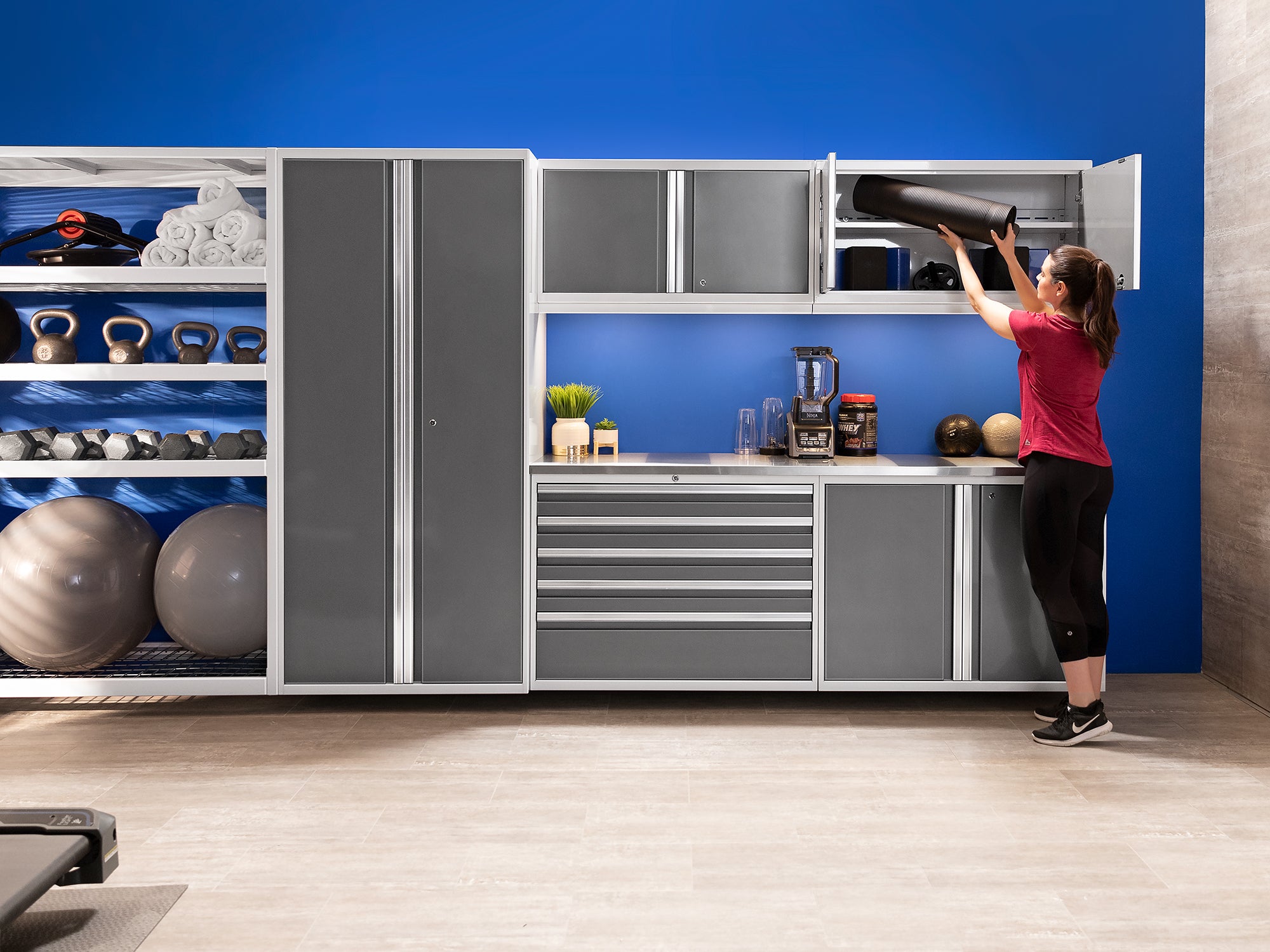 Pro Series 9 Piece Cabinet Set with Wall, Base, Tool Drawer Cabinet, Lockers, Utility Cart and 84 in. Worktop