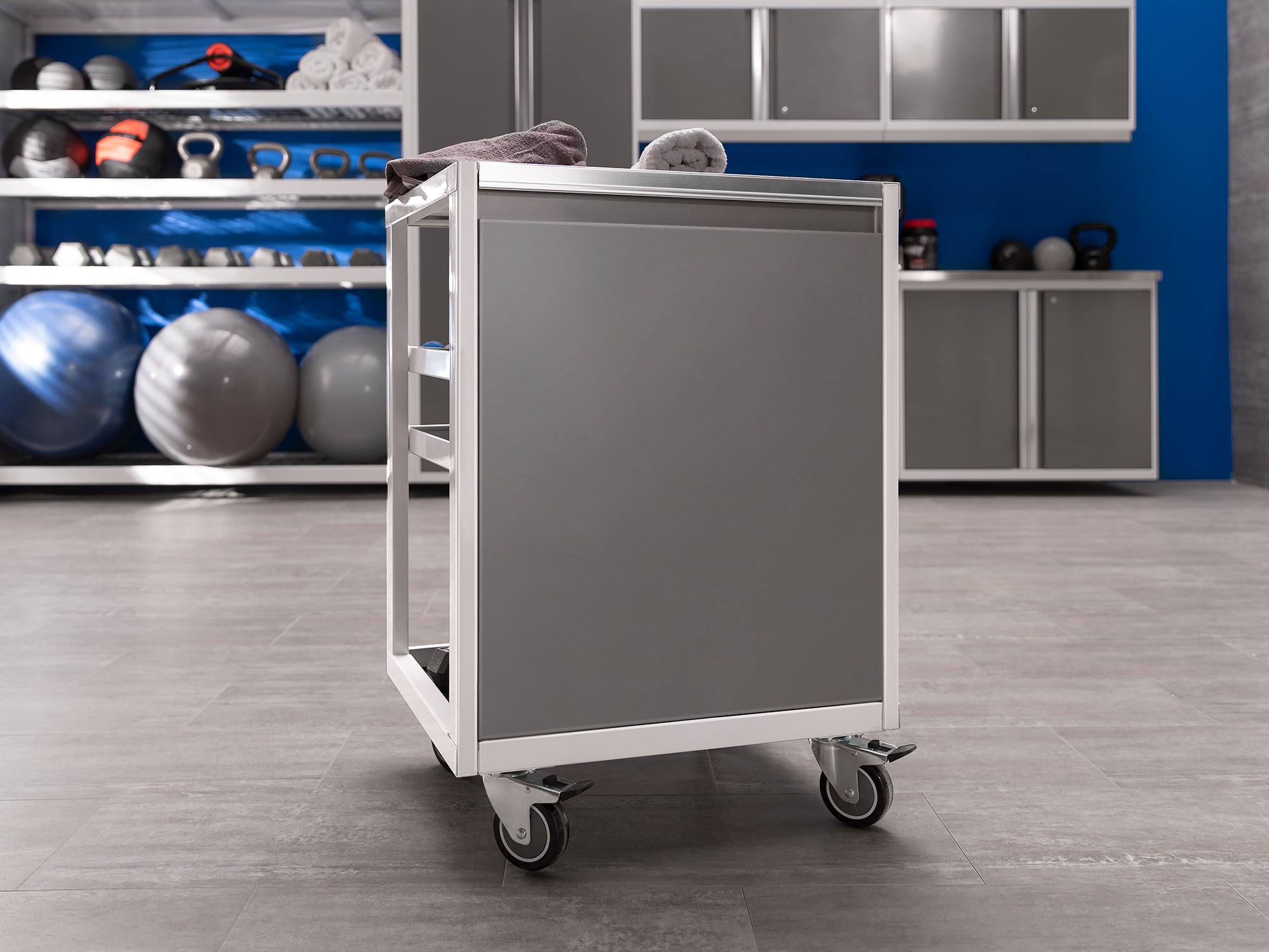 Pro Series 9 Piece Cabinet Set with Wall, Base, Tool Drawer Cabinet, Lockers, Utility Cart and 84 in. Worktop