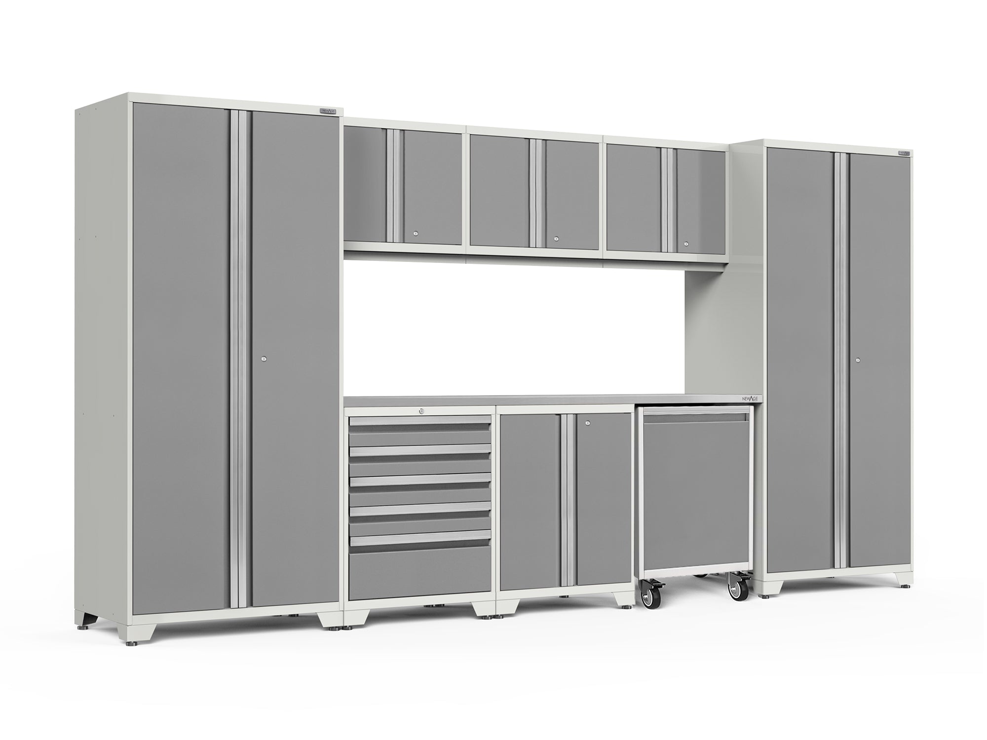Pro Series 9 Piece Cabinet Set with Wall, Base, Tool Drawer Cabinet, Lockers, Utility Cart and 84 in. Worktop