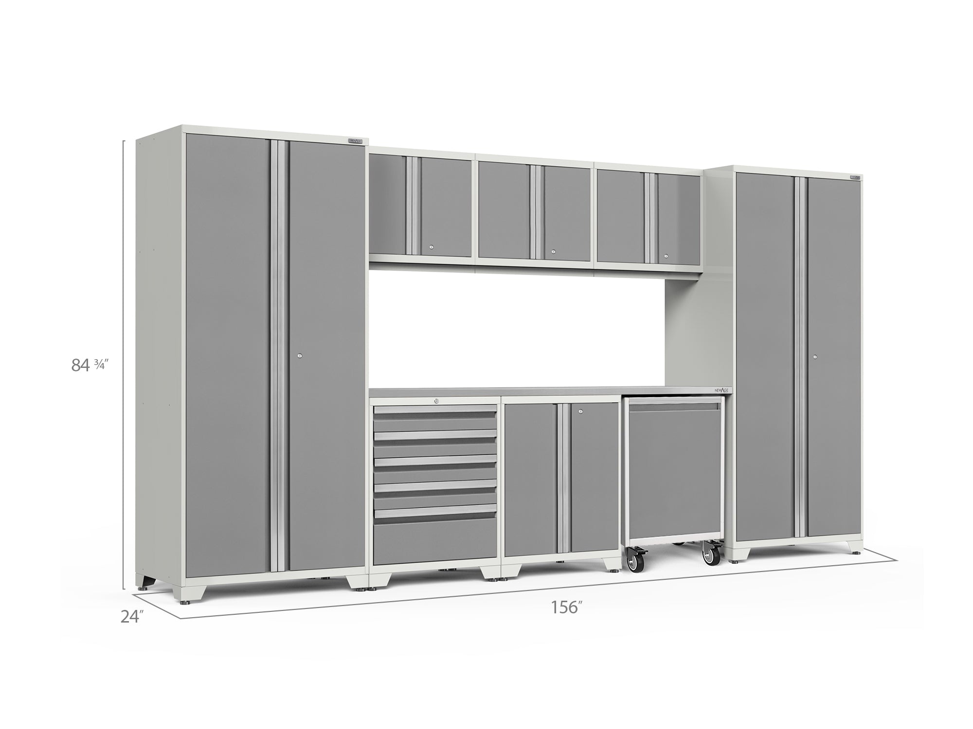 Pro Series 9 Piece Cabinet Set with Wall, Base, Tool Drawer Cabinet, Lockers, Utility Cart and 84 in. Worktop