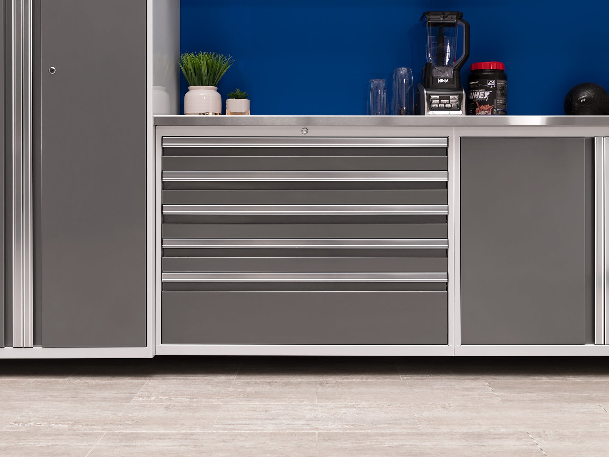 Pro Series 9 Piece Cabinet Set with Wall, Base, Tool Drawer Cabinet, Lockers, Utility Cart and 84 in. Worktop