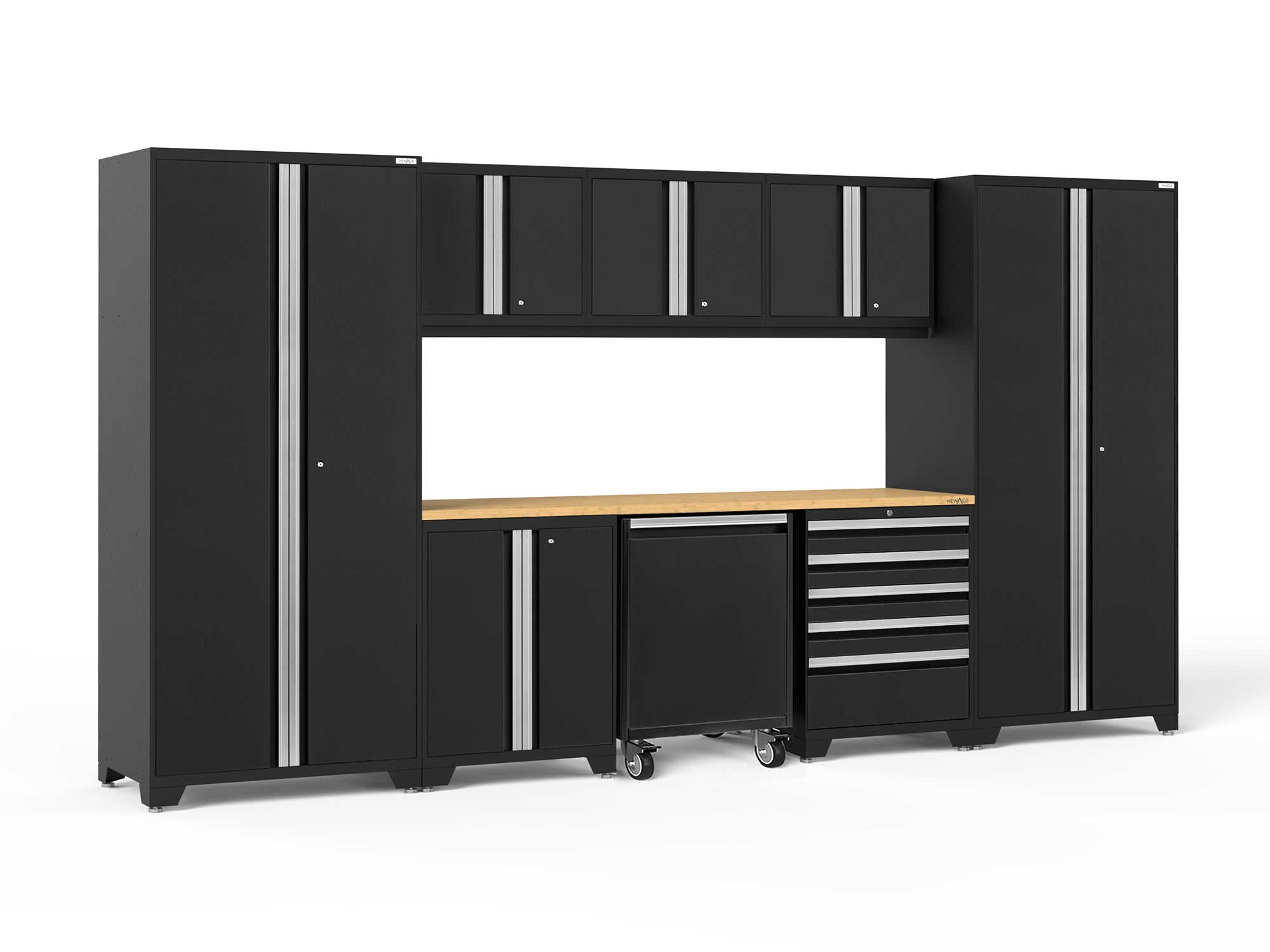 Pro Series 9 Piece Cabinet Set with Wall, Base, Tool Drawer Cabinet, Lockers, Utility Cart and 84 in. Worktop