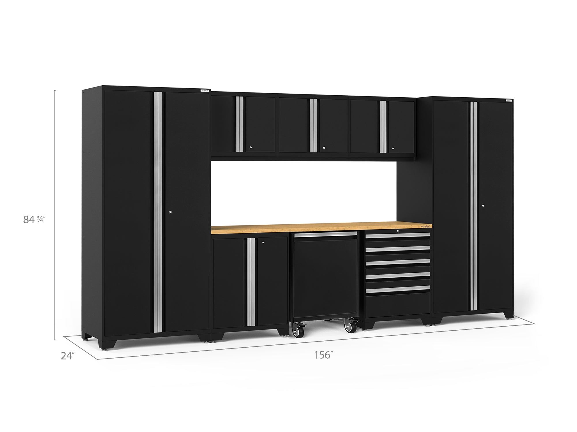 Pro Series 9 Piece Cabinet Set with Wall, Base, Tool Drawer Cabinet, Lockers, Utility Cart and 84 in. Worktop