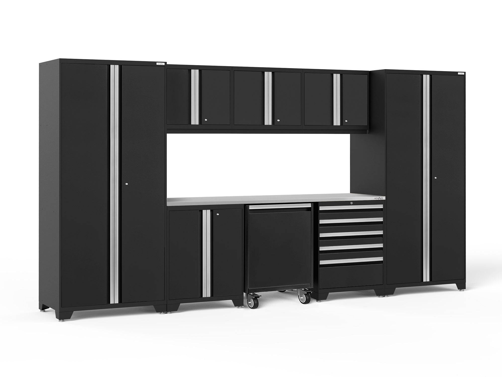 Pro Series 9 Piece Cabinet Set with Wall, Base, Tool Drawer Cabinet, Lockers, Utility Cart and 84 in. Worktop
