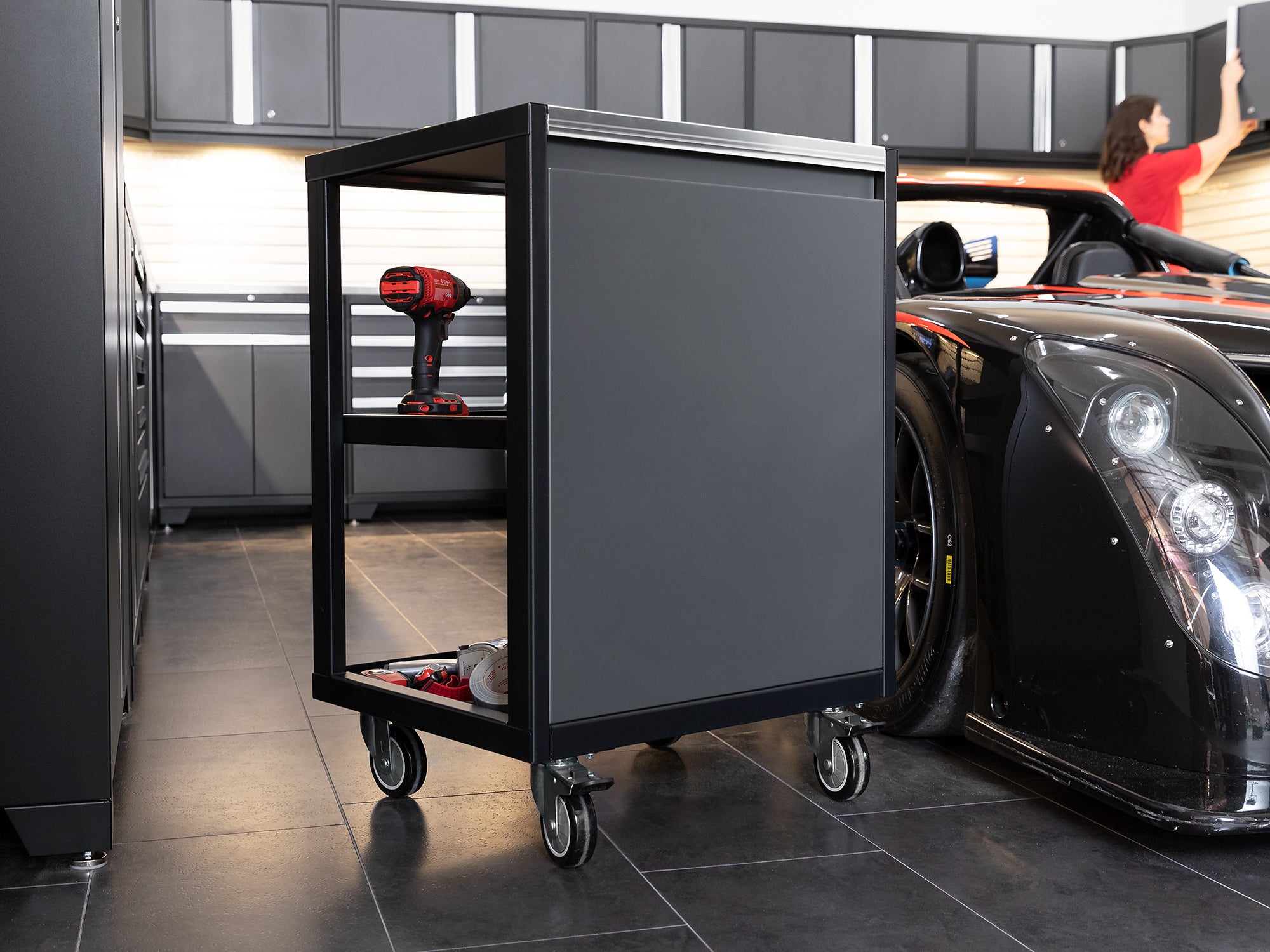 Pro Series 9 Piece Cabinet Set with Wall, Base, Tool Drawer Cabinet, Lockers, Utility Cart and 84 in. Worktop