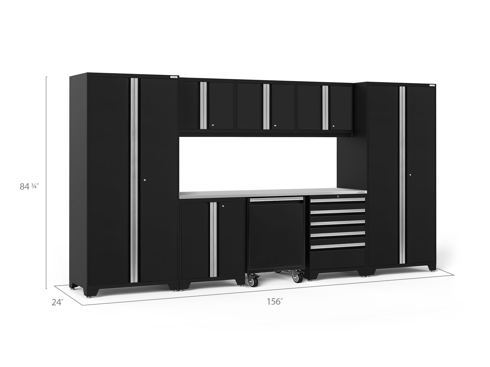 Pro Series 9 Piece Cabinet Set with Wall, Base, Tool Drawer Cabinet, Lockers, Utility Cart and 84 in. Worktop
