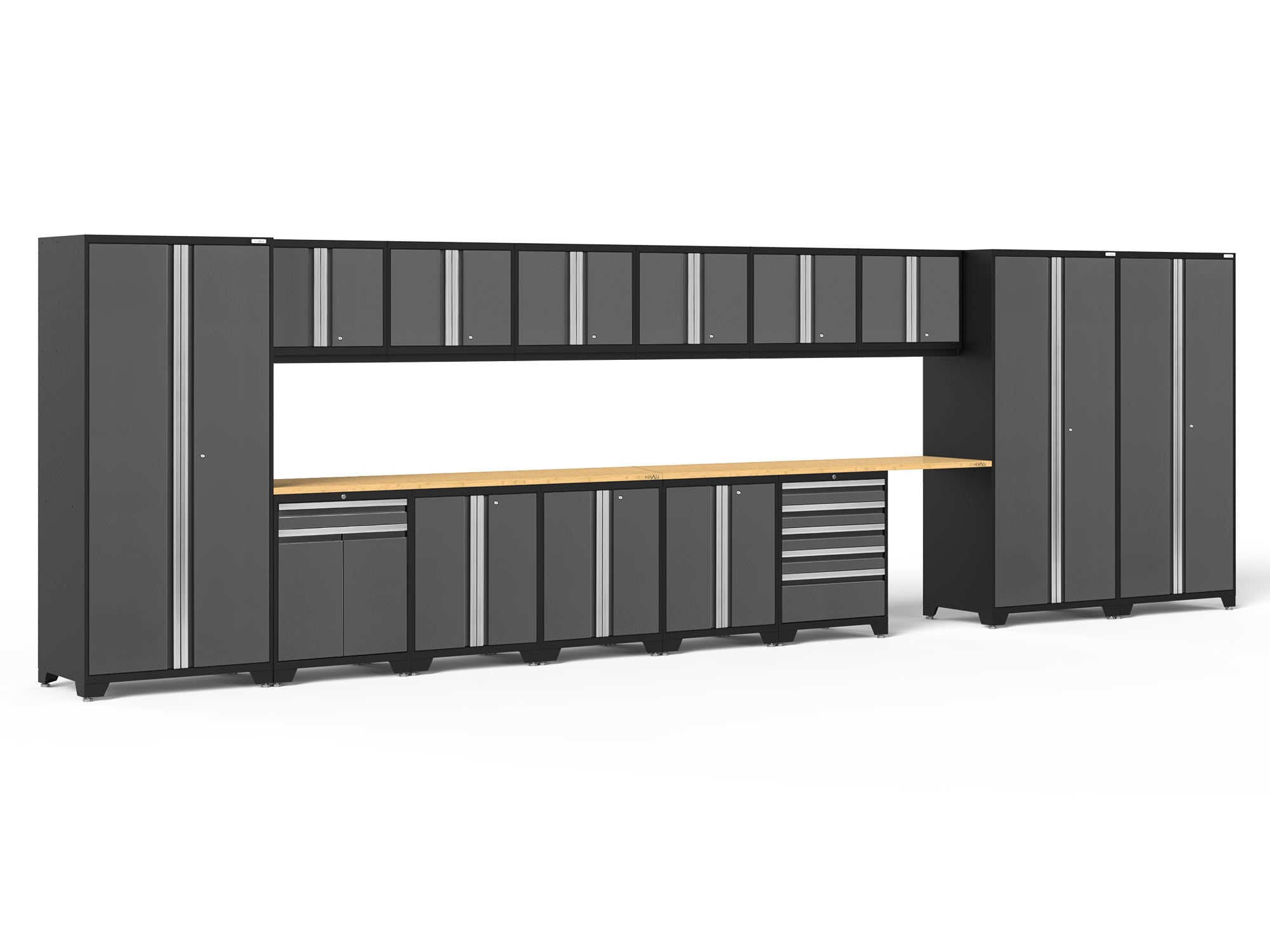 Pro Series Gray 16 Piece Cabinet Set with Wall, Tool Drawer, Multi-Function Cabinet, Lockers and 168 in. Worktop