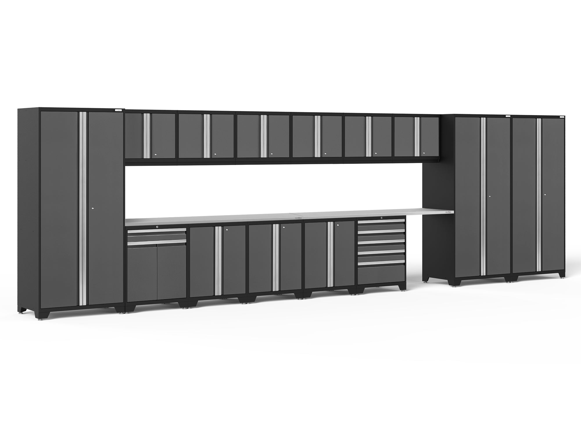 Pro Series Gray 16 Piece Cabinet Set with Wall, Tool Drawer, Multi-Function Cabinet, Lockers and 168 in. Worktop