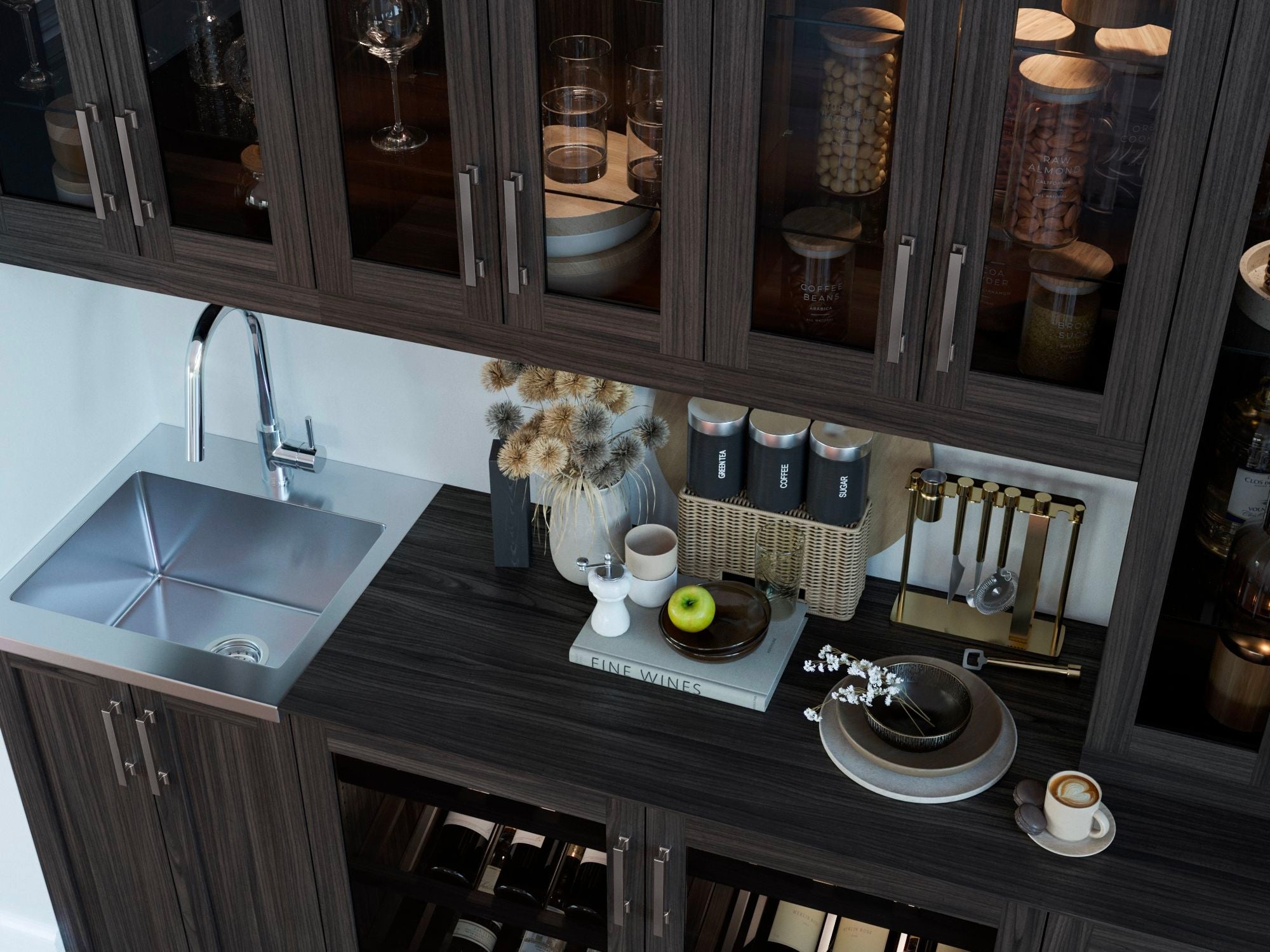 Home Bar 8 Piece Cabinet Set with Wide Display, Wall, Sink Cabinet, and Sink - 21 in.