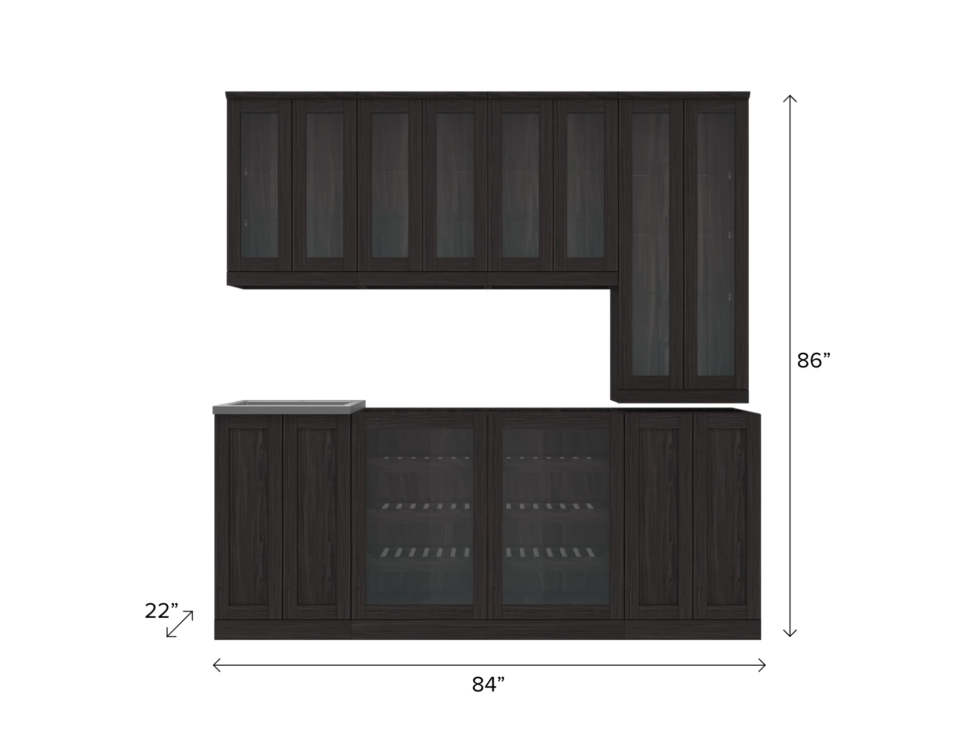Home Bar 8 Piece Cabinet Set with Wide Display, Wall, Sink Cabinet, and Sink - 21 in.