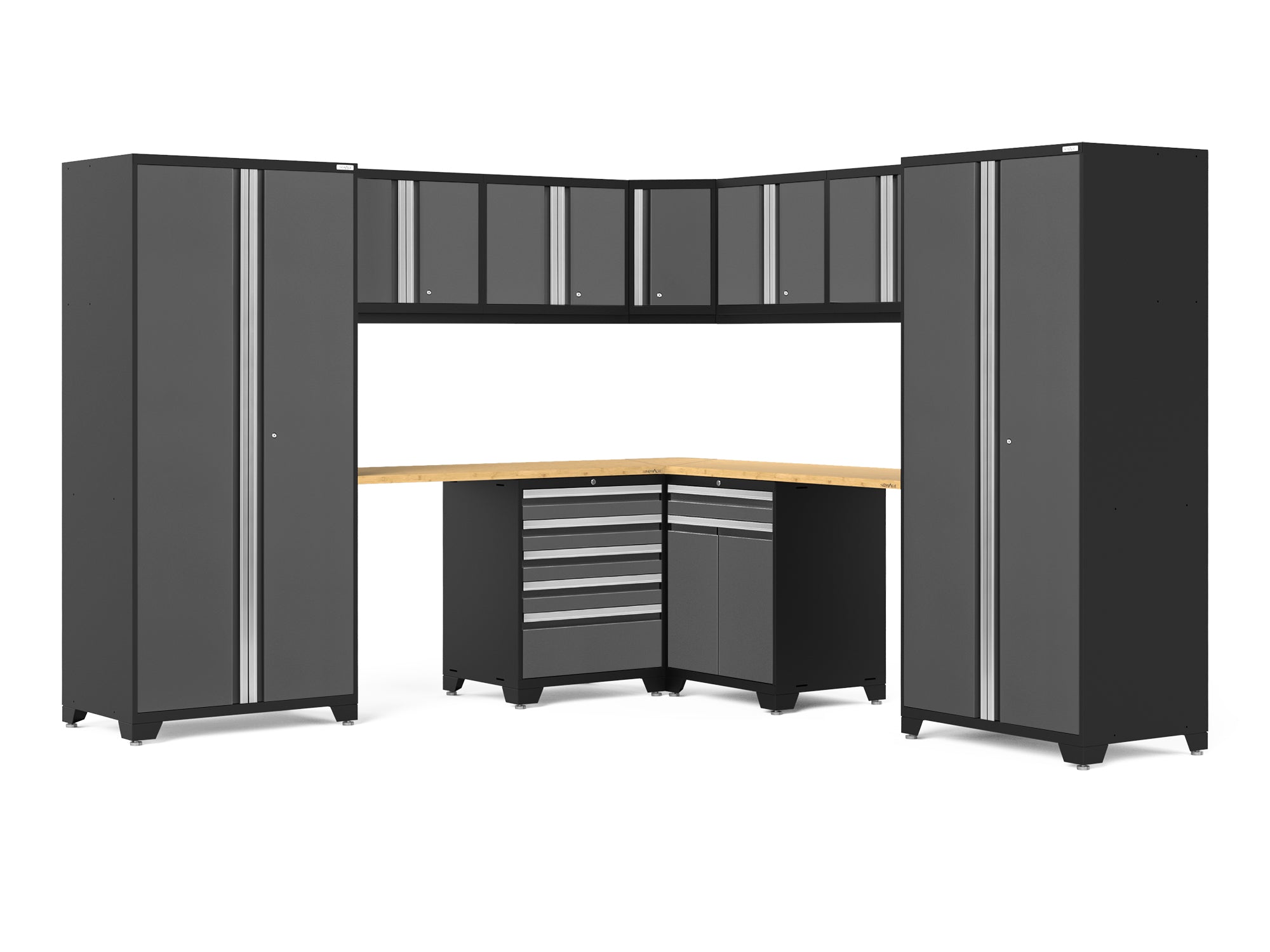 Pro Series Gray 12 Piece Cabinet Set with Wall, Tool Drawer, Multi-Function Cabinet, Lockers and 112 in. Worktop