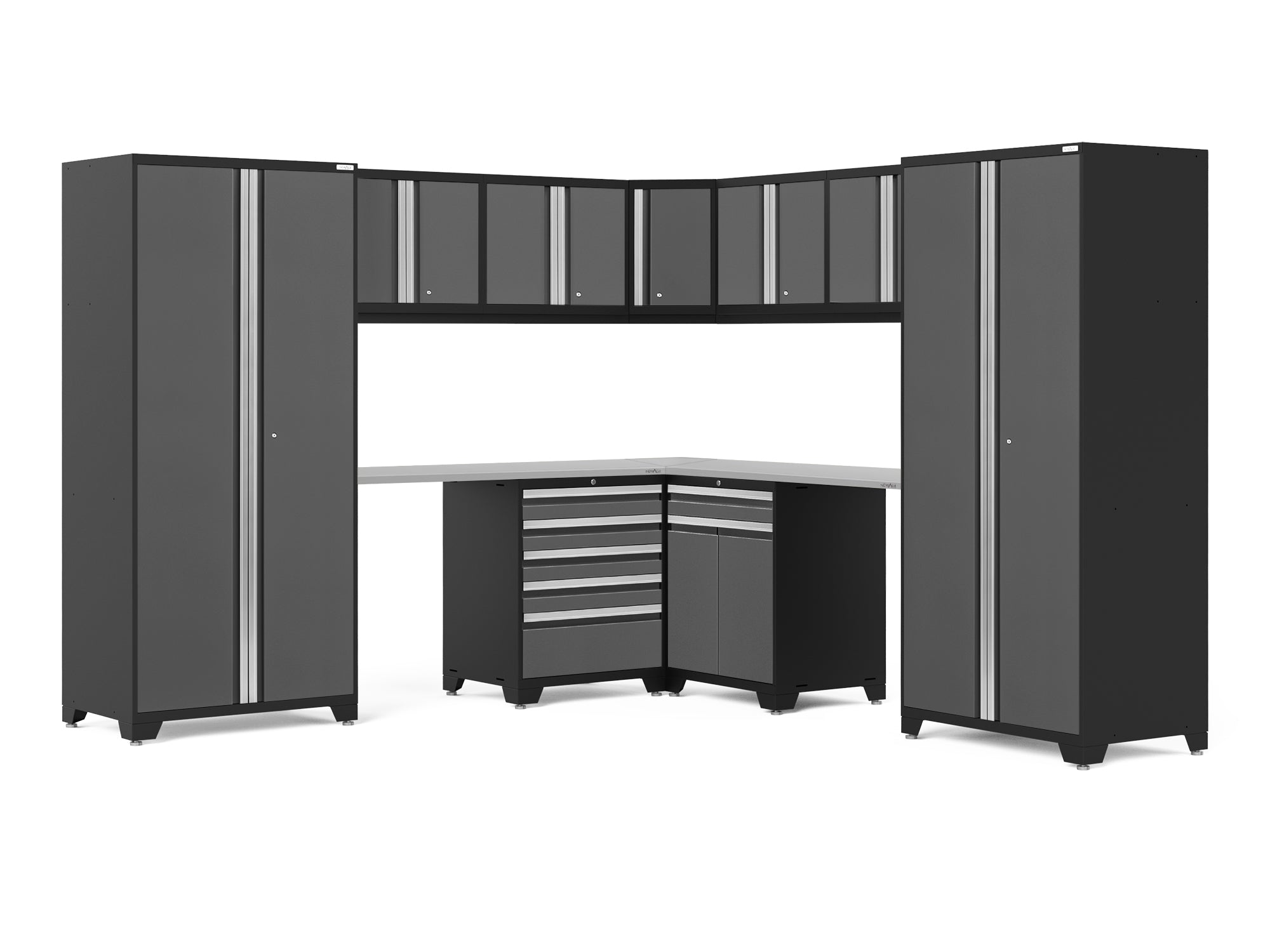Pro Series Gray 12 Piece Cabinet Set with Wall, Tool Drawer, Multi-Function Cabinet, Lockers and 112 in. Worktop