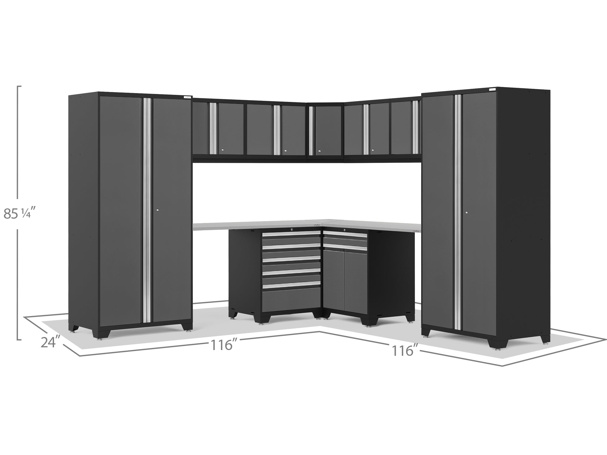 Pro Series Gray 12 Piece Cabinet Set with Wall, Tool Drawer, Multi-Function Cabinet, Lockers and 112 in. Worktop