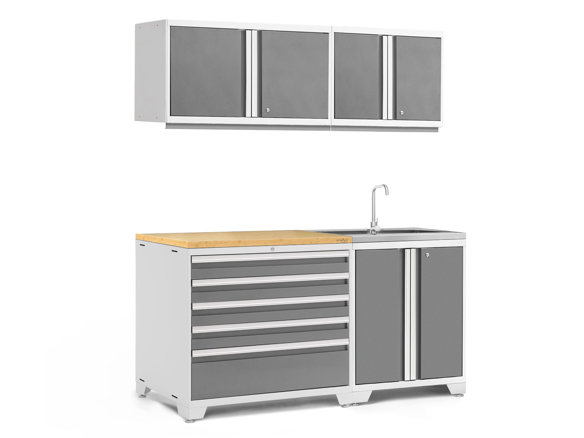 Pro Series 5 Piece Cabinet Set with Sink, Wall Cabinet, Tool Drawer, and Worktop