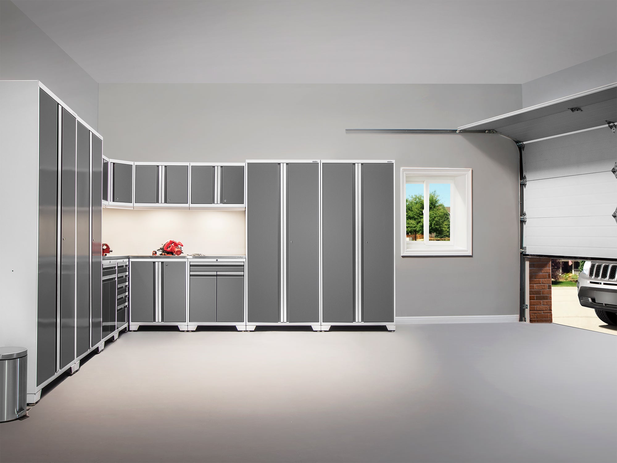 Pro Series 5 Piece Cabinet Set with Sink, Wall Cabinet, Tool Drawer, and Worktop