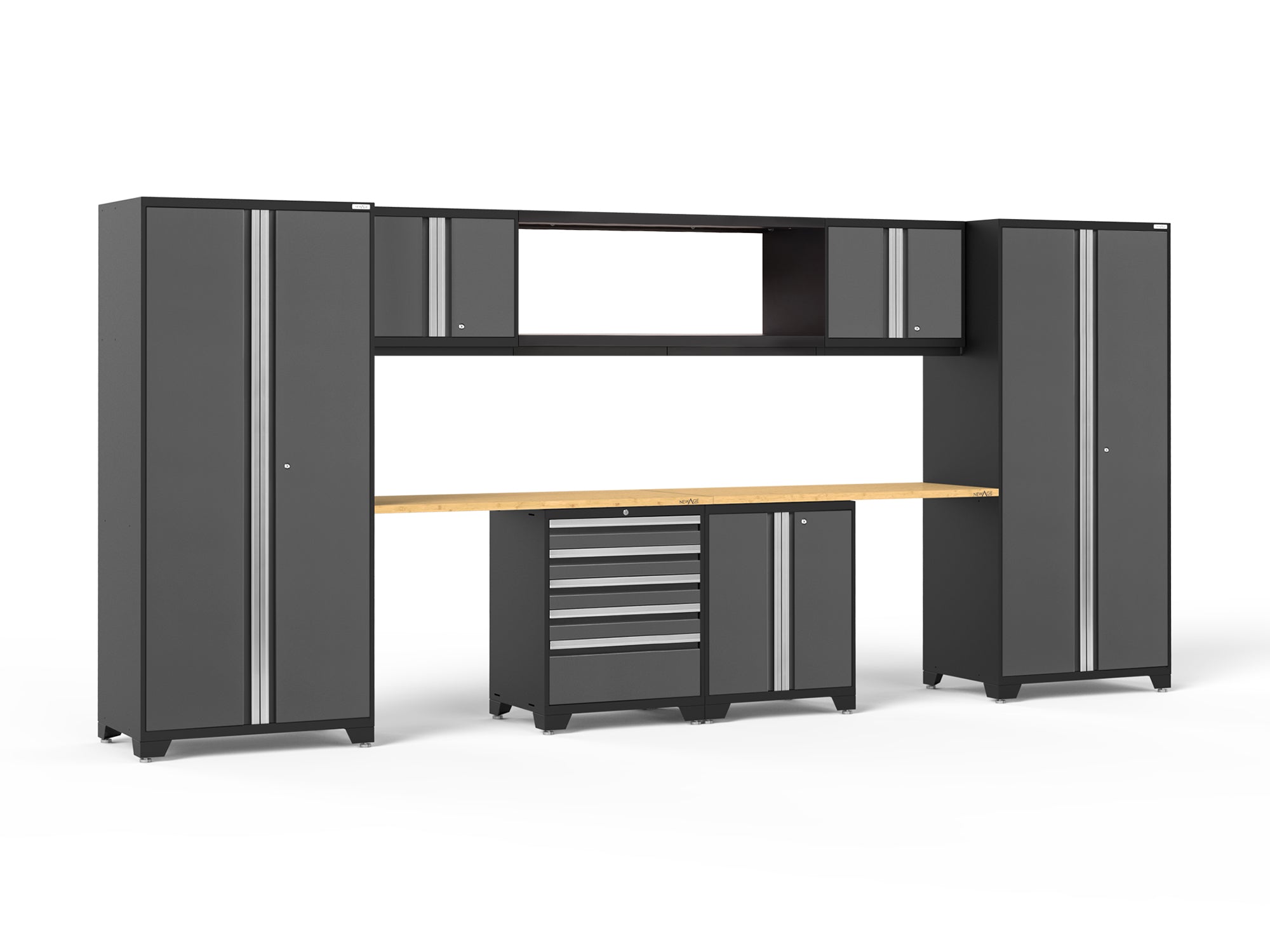 Pro Series 9 Piece Cabinet Set with Wall, Base, Tool Drawer Cabinet, 56 in. Integrated Shelf and 112 in. Worktop