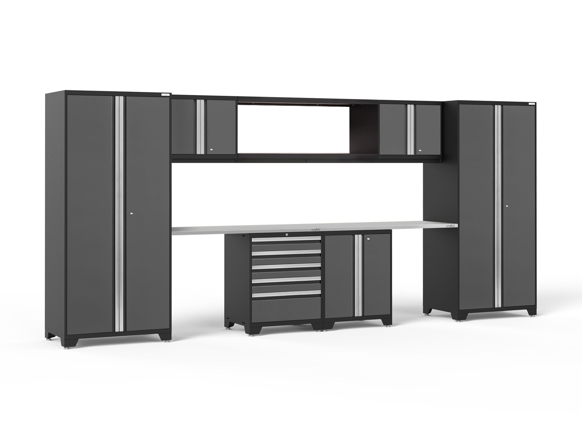 Pro Series 9 Piece Cabinet Set with Wall, Base, Tool Drawer Cabinet, 56 in. Integrated Shelf and 112 in. Worktop