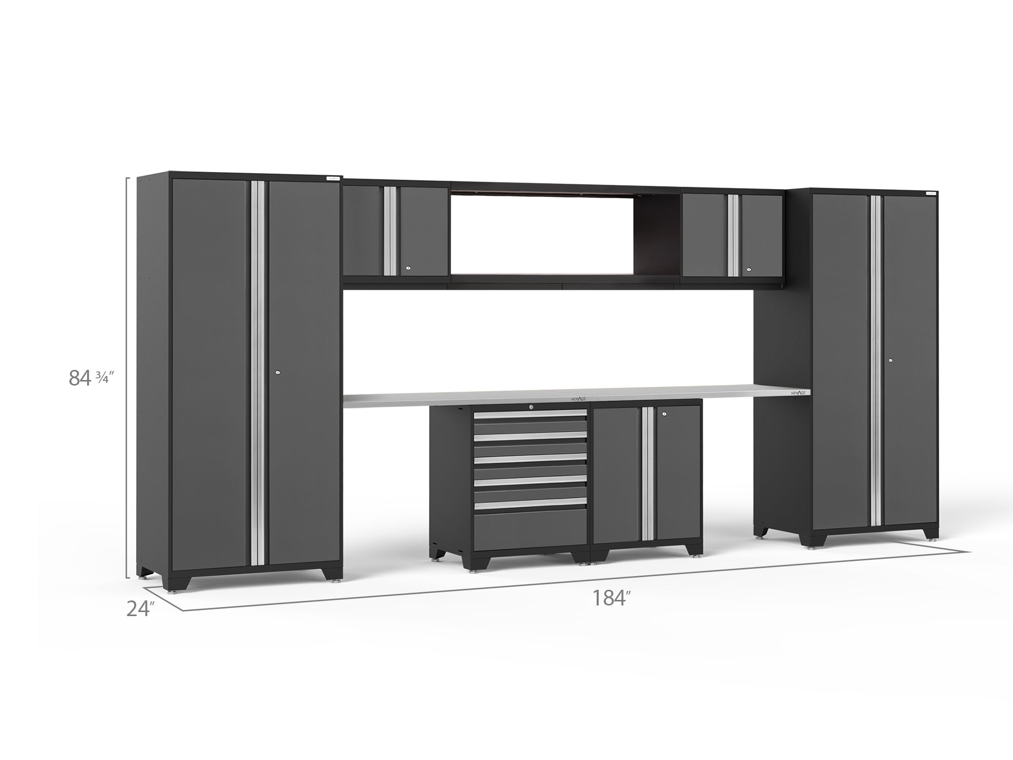 Pro Series 9 Piece Cabinet Set with Wall, Base, Tool Drawer Cabinet, 56 in. Integrated Shelf and 112 in. Worktop