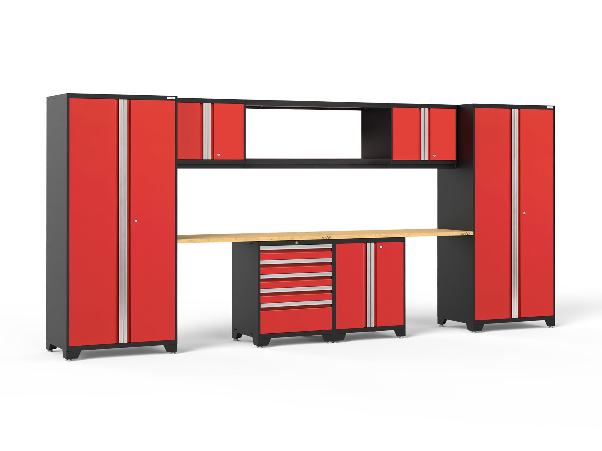 Pro Series 9 Piece Cabinet Set with Wall, Base, Tool Drawer Cabinet, 56 in. Integrated Shelf and 112 in. Worktop