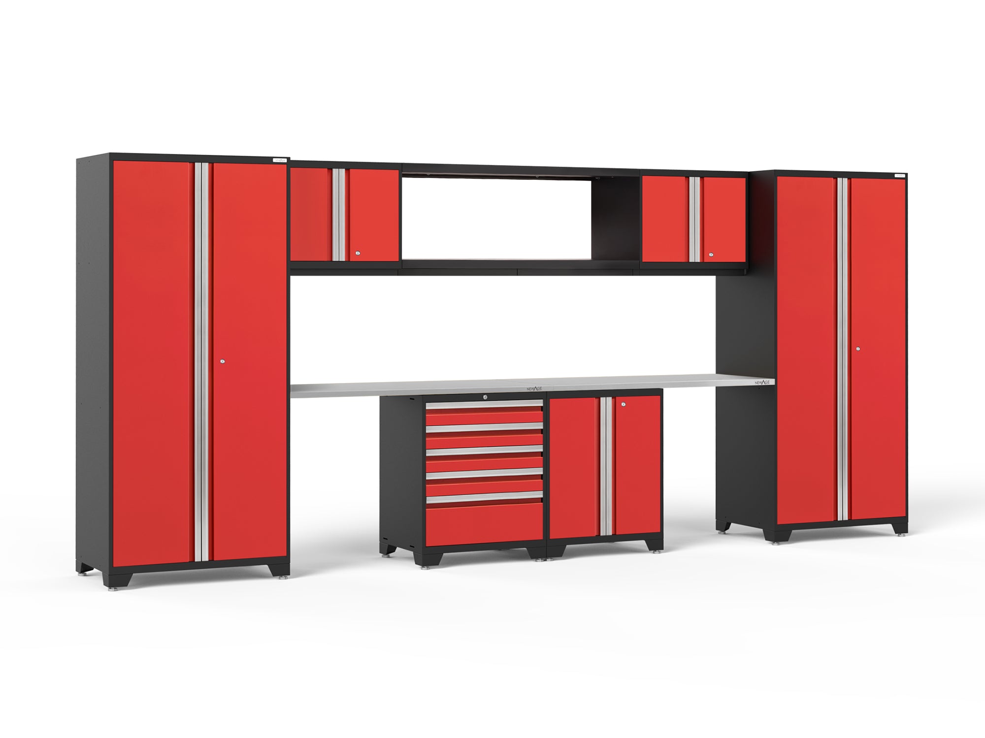 Pro Series 9 Piece Cabinet Set with Wall, Base, Tool Drawer Cabinet, 56 in. Integrated Shelf and 112 in. Worktop