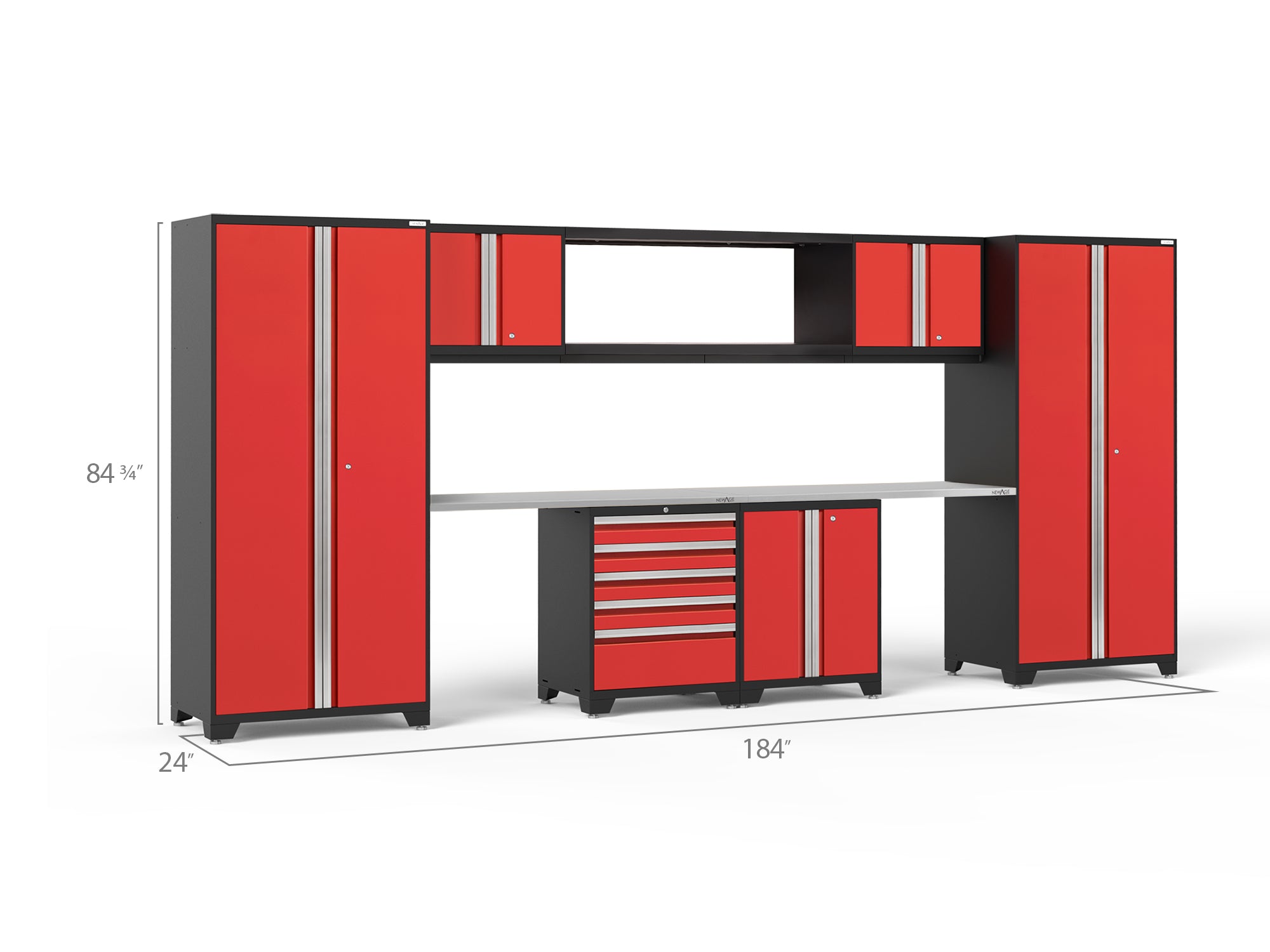 Pro Series 9 Piece Cabinet Set with Wall, Base, Tool Drawer Cabinet, 56 in. Integrated Shelf and 112 in. Worktop