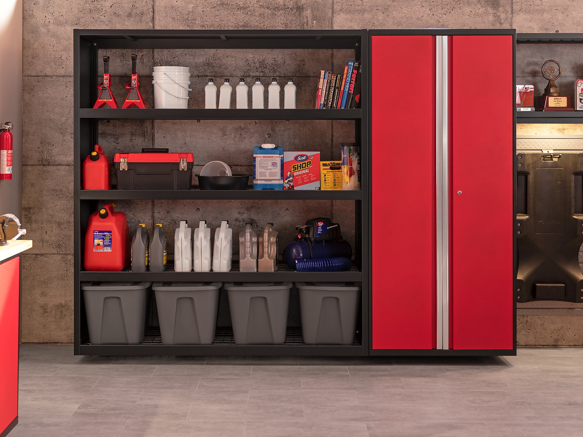 Pro Series 9 Piece Cabinet Set with Wall, Base, Tool Drawer Cabinet, 56 in. Integrated Shelf and 112 in. Worktop