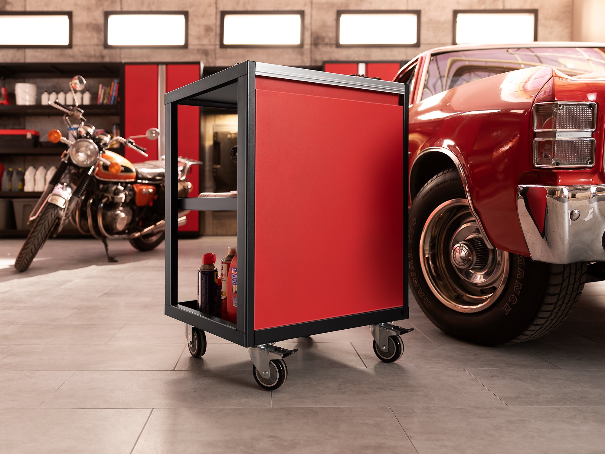 Pro Series 9 Piece Cabinet Set with Wall, Base, Tool Drawer Cabinet, 56 in. Integrated Shelf and 112 in. Worktop
