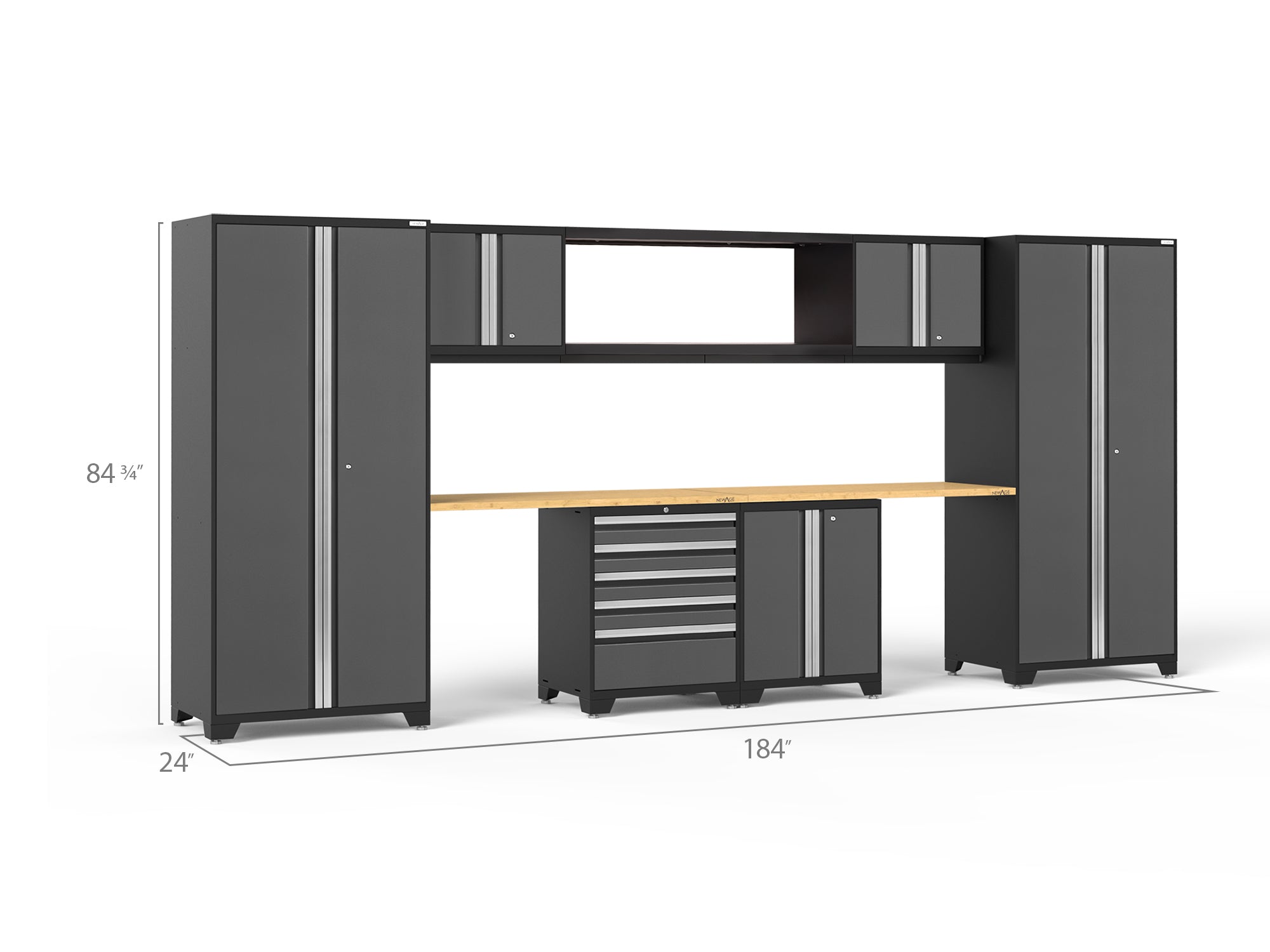 Pro Series 9 Piece Cabinet Set with Wall, Base, Tool Drawer Cabinet, 56 in. Integrated Shelf and 112 in. Worktop