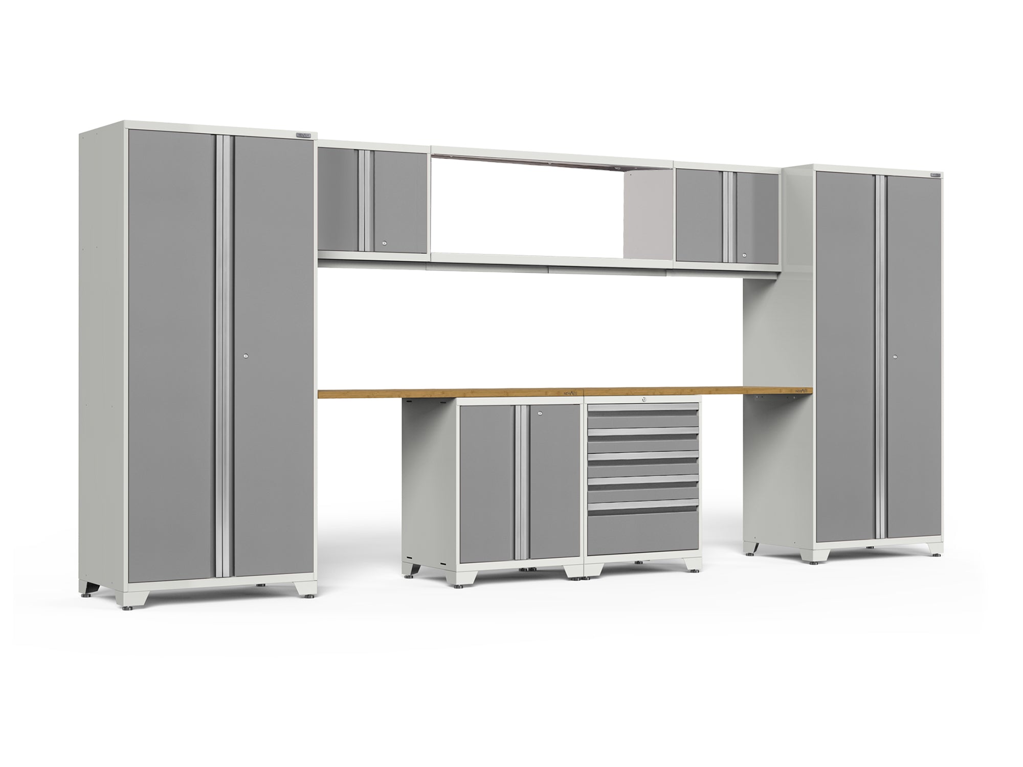Pro Series 9 Piece Cabinet Set with Wall, Base, Tool Drawer Cabinet, 56 in. Integrated Shelf and 112 in. Worktop