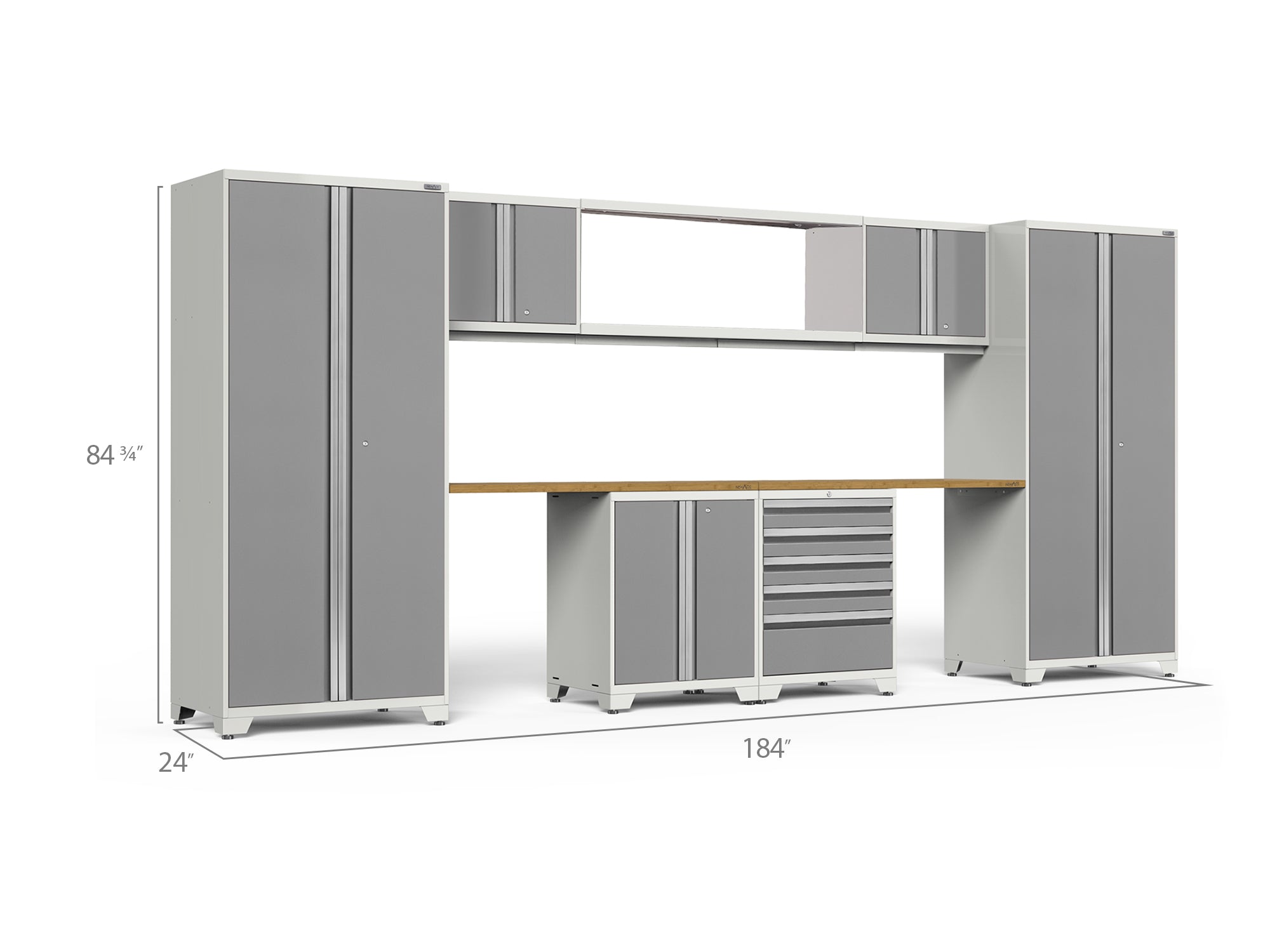 Pro Series 9 Piece Cabinet Set with Wall, Base, Tool Drawer Cabinet, 56 in. Integrated Shelf and 112 in. Worktop