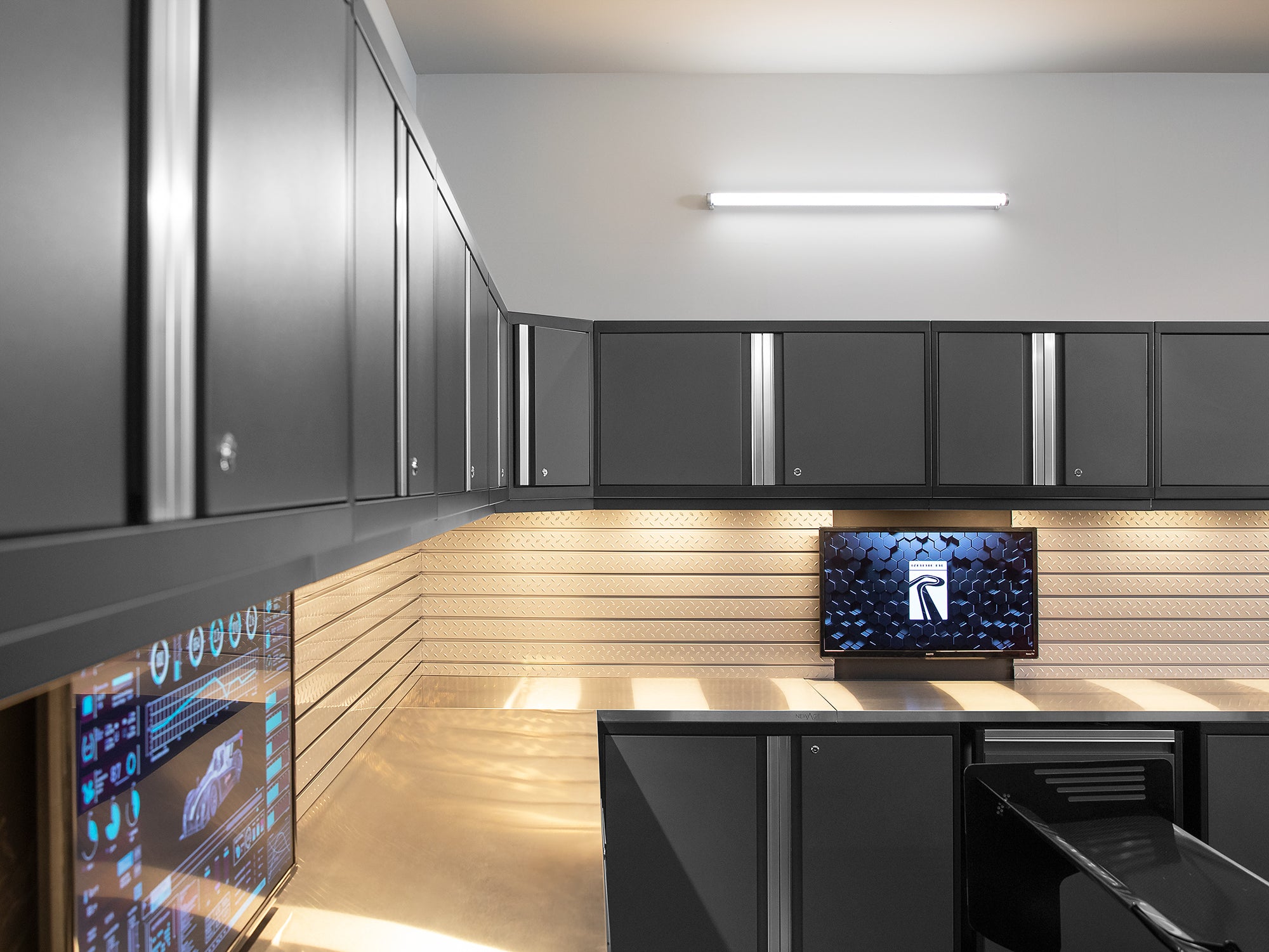 Pro Series 9 Piece Cabinet Set with Wall, Base, Tool Drawer Cabinet, 56 in. Integrated Shelf and 112 in. Worktop