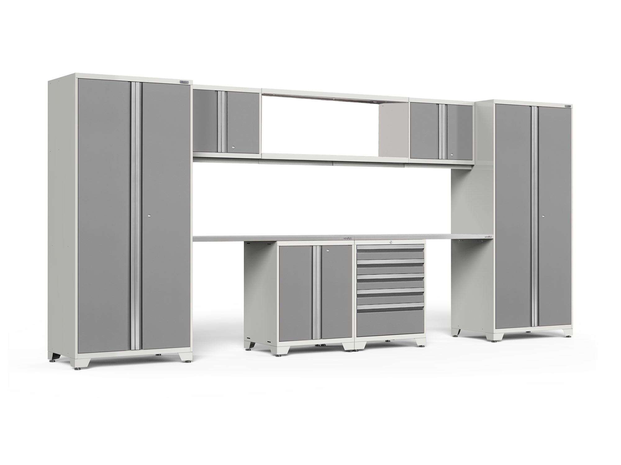 Pro Series 9 Piece Cabinet Set with Wall, Base, Tool Drawer Cabinet, 56 in. Integrated Shelf and 112 in. Worktop