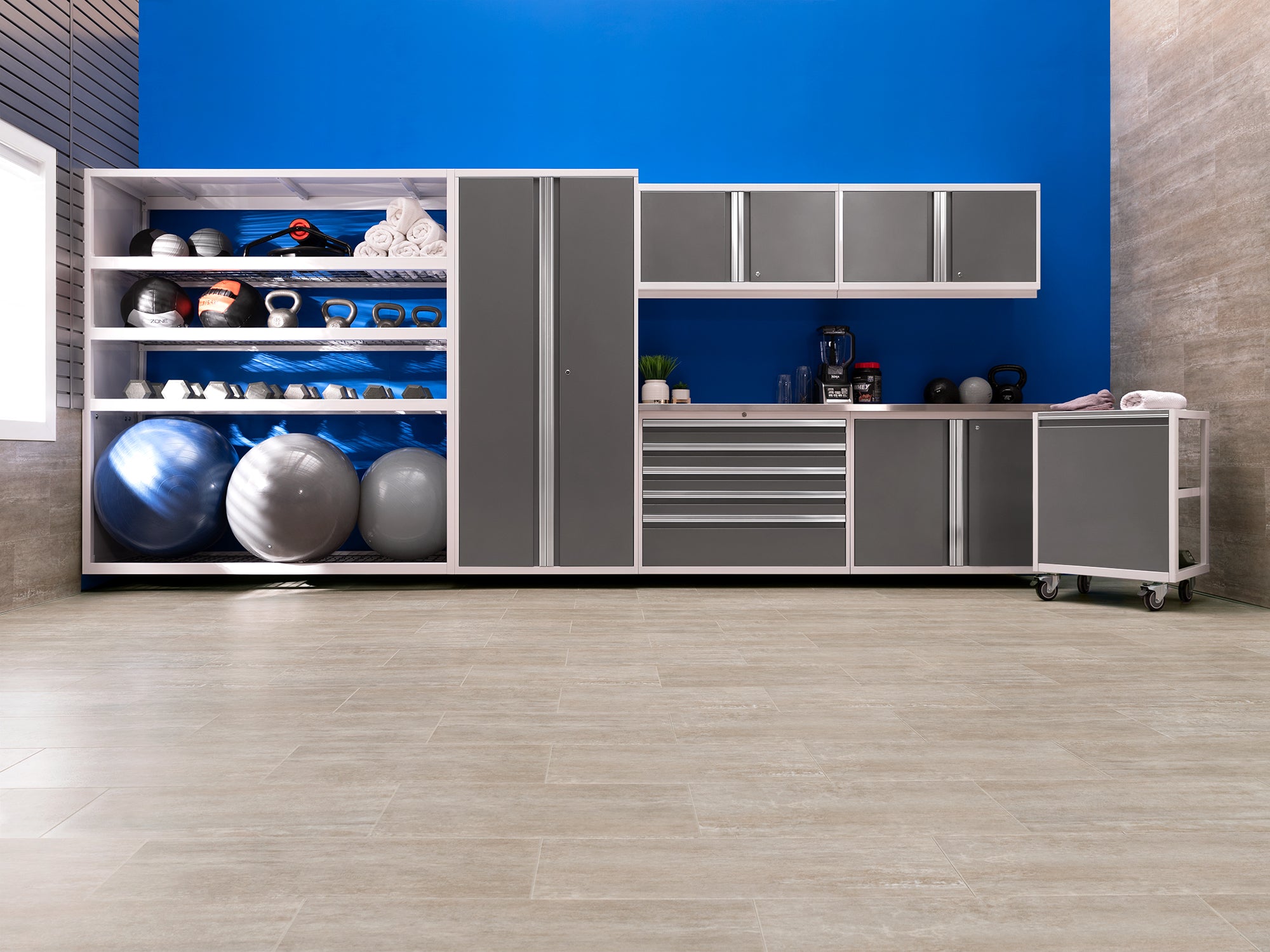 Pro Series 9 Piece Cabinet Set with Wall, Base, Tool Drawer Cabinet, 56 in. Integrated Shelf and 112 in. Worktop