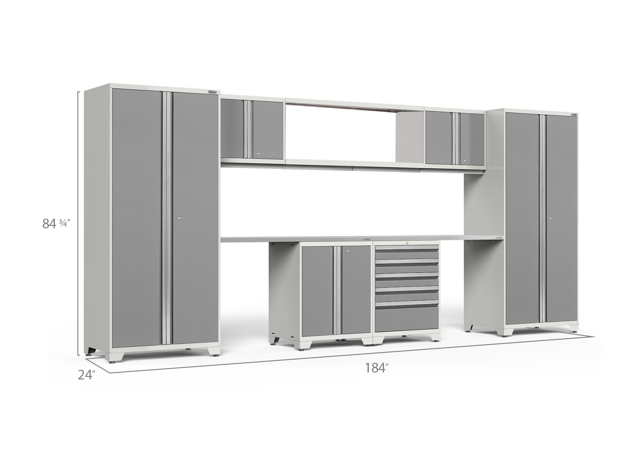 Pro Series 9 Piece Cabinet Set with Wall, Base, Tool Drawer Cabinet, 56 in. Integrated Shelf and 112 in. Worktop