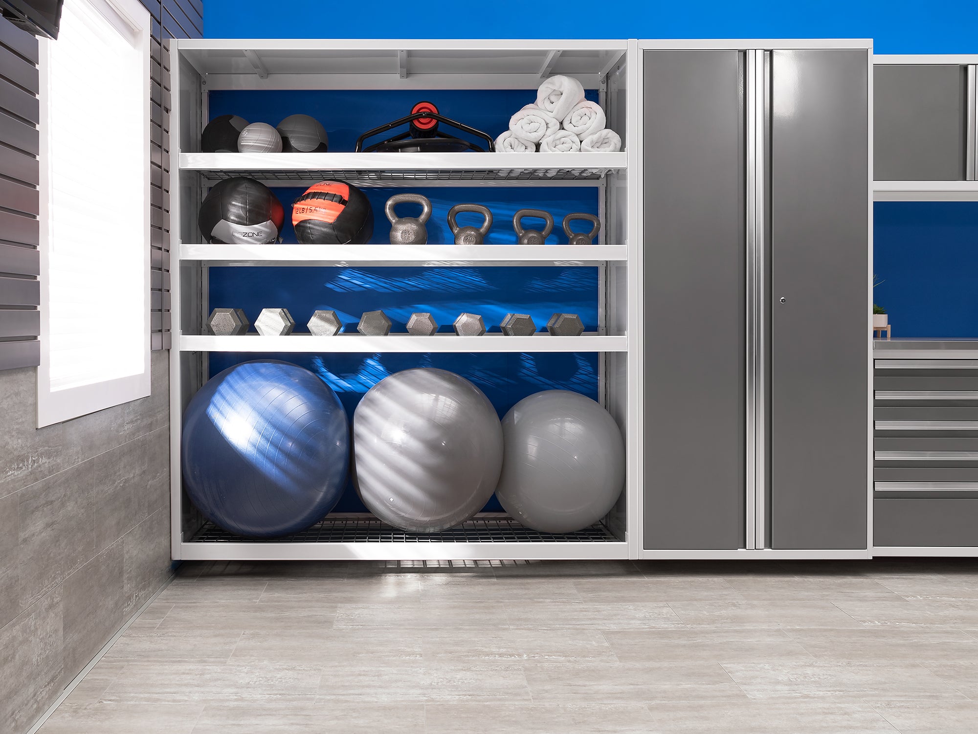 Pro Series 9 Piece Cabinet Set with Wall, Base, Tool Drawer Cabinet, 56 in. Integrated Shelf and 112 in. Worktop